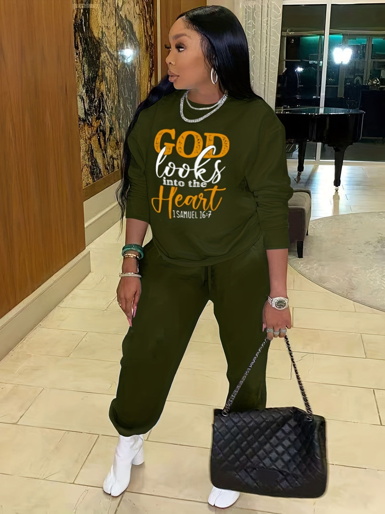 Casual Workout Two-piece Set, God Letter Print, Long Sleeve Tops & Long Length Solid Jogger Pants Outfits, Women's Clothing