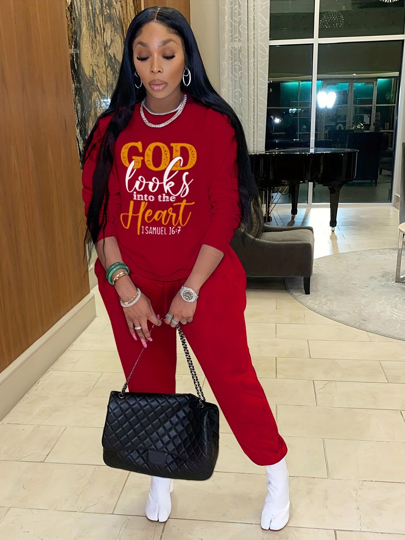 Casual Workout Two-piece Set, God Letter Print, Long Sleeve Tops & Long Length Solid Jogger Pants Outfits, Women's Clothing