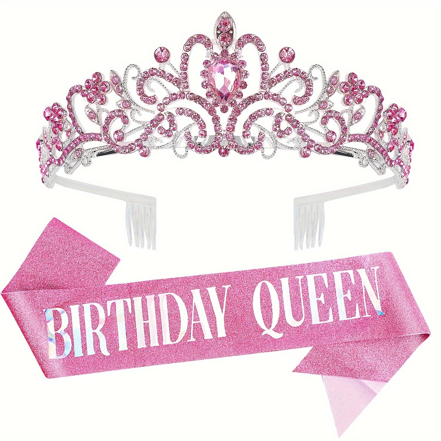 Birthday Party Dress Up Set, Including Birthday Crown And Sash For Girls, Birthday Decorations Set, Rhinestone Headband Hair Accessories Glitter Sash