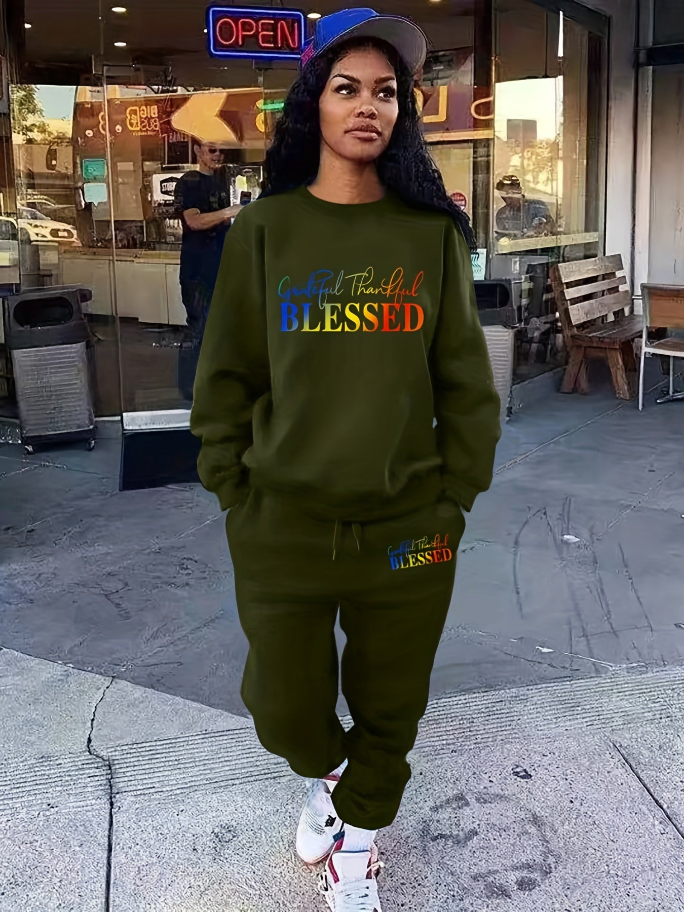 Blessed Letter Print Casual Two-piece Set, Crew Neck Long Sleeve Tops & Drawstring Jogger Pants Outfits, Women's Clothing