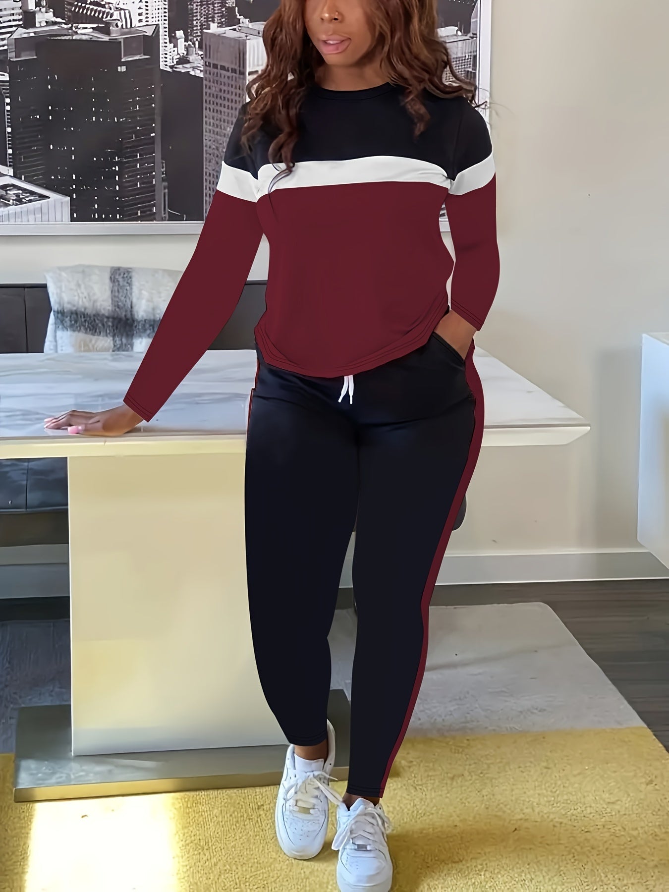 Plus Size Casual Outfits Two Piece Set, Women's Plus Colorblock Stripe Print, Long Sleeve Round Neck Top & Drawstring Pants, Outfits 2 Piece Set