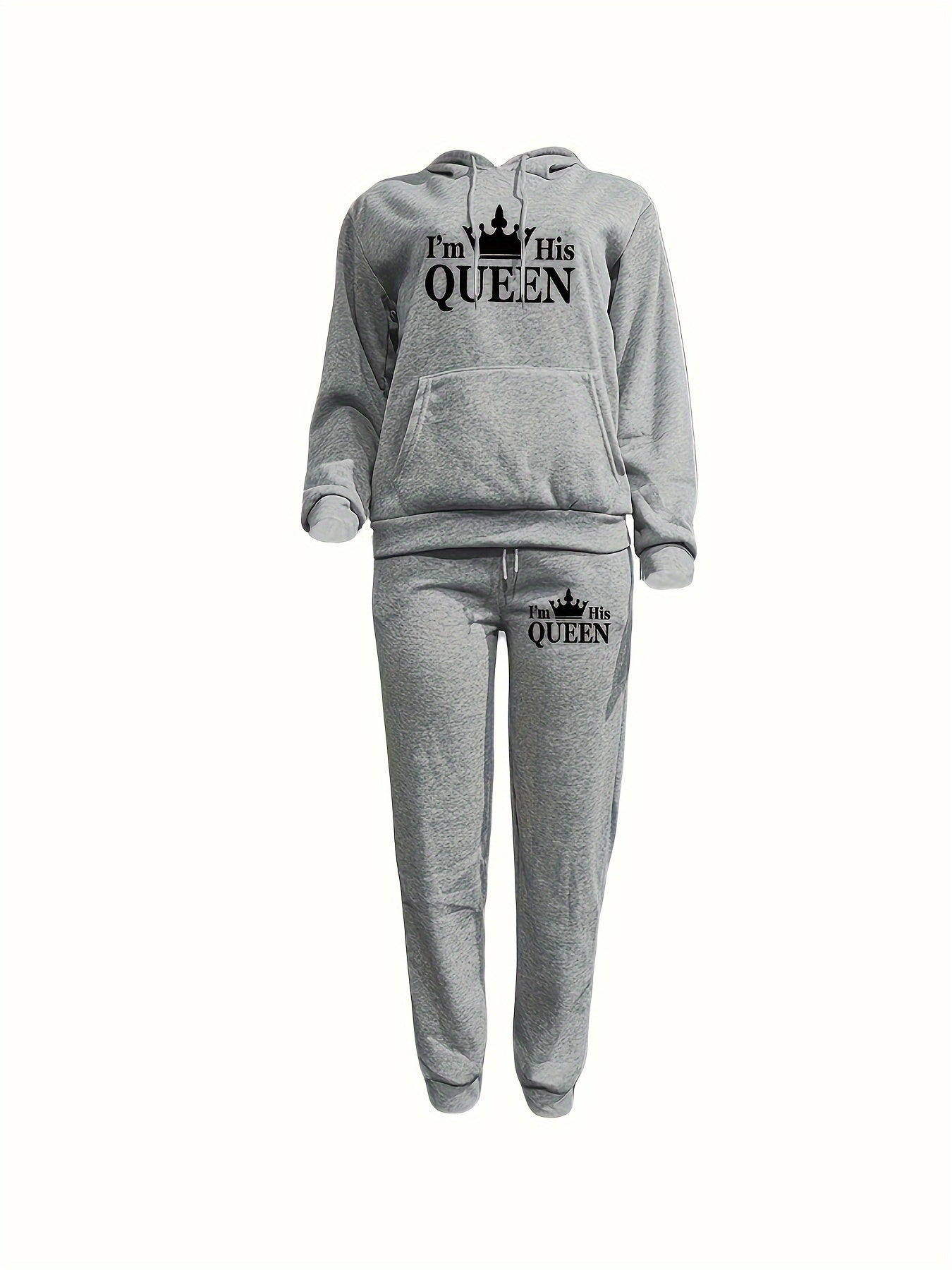 Crown & Letter Print Two-piece Set, Kangaroo Pocket Hoodie & Drawstring Pants Outfits, Women's Clothing