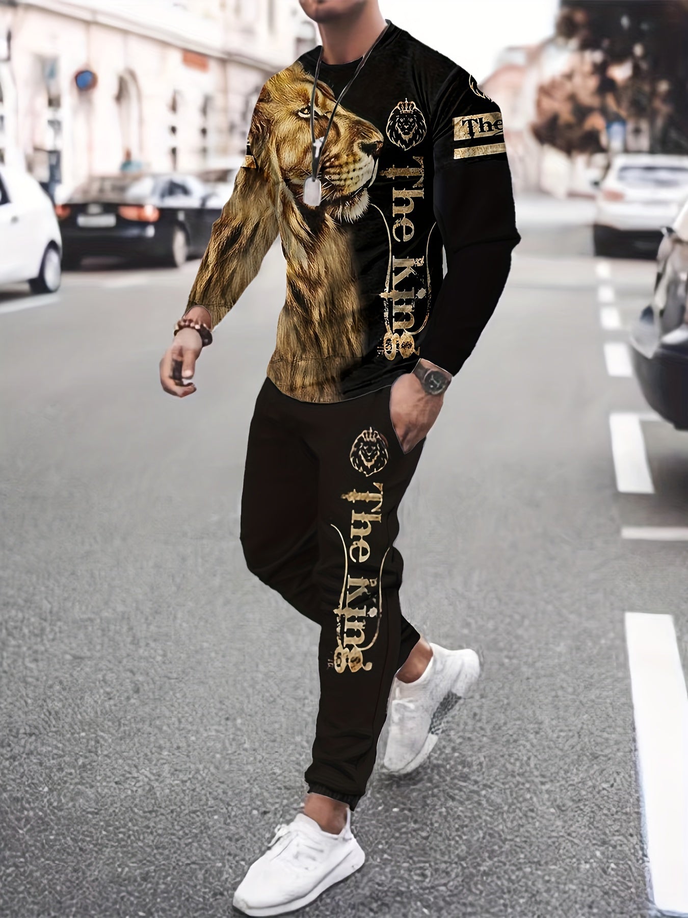 THE KING Tiger Print, Men's 2pcs, Casual Loose Comfy Sweatshirt And Drawstring Waist Sweatpants Set