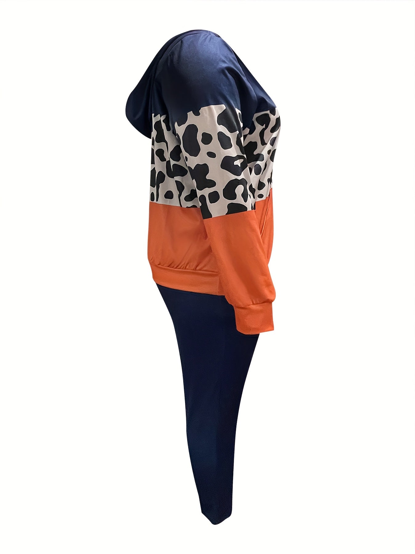 Plus Size Casual Outfits Set, Women's Plus Colorblock Leopard Print, Long Sleeve Drawstring Hoodie & Pants, Outfits 2 Piece Set