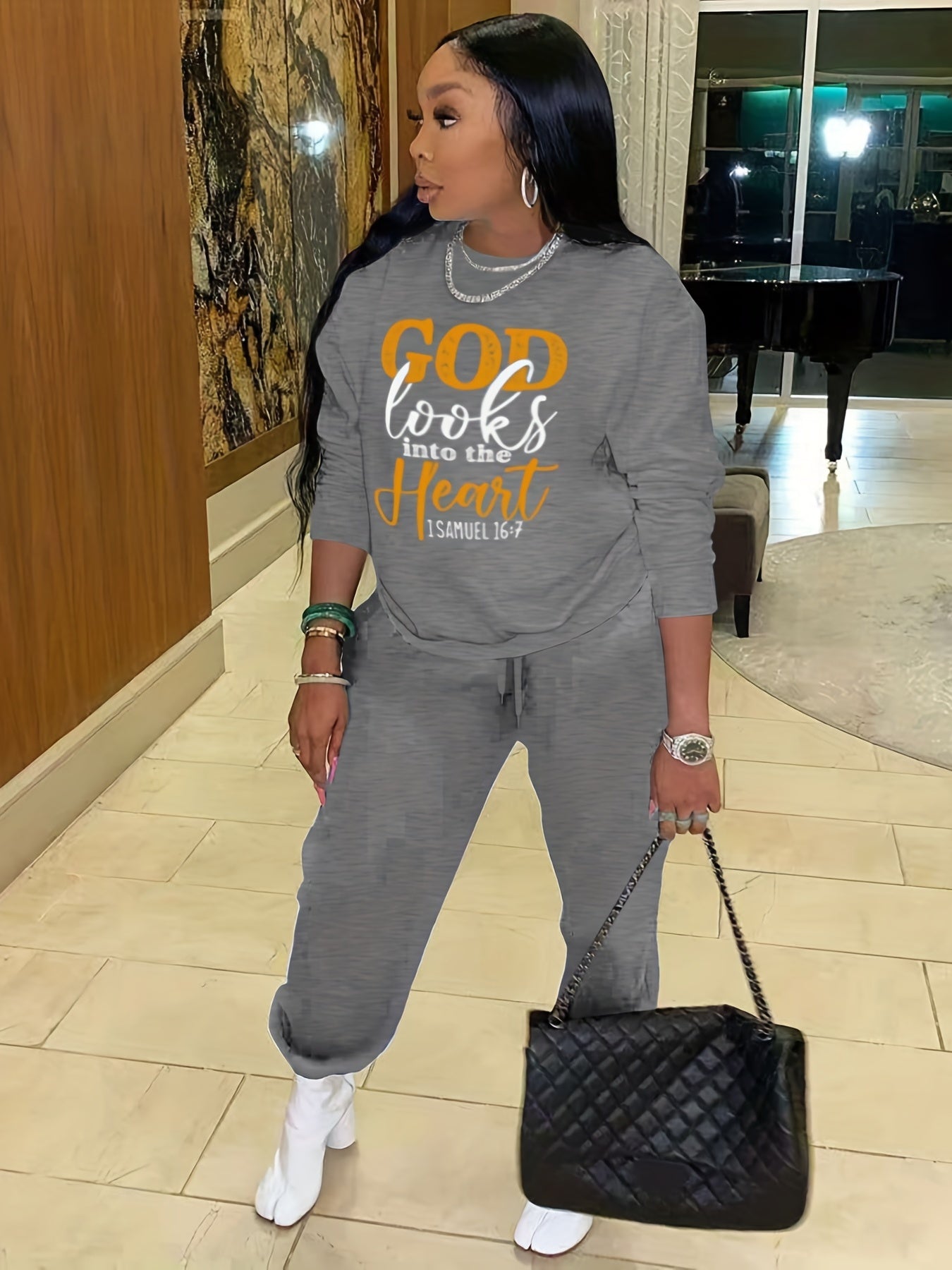 Casual Workout Two-piece Set, God Letter Print, Long Sleeve Tops & Long Length Solid Jogger Pants Outfits, Women's Clothing