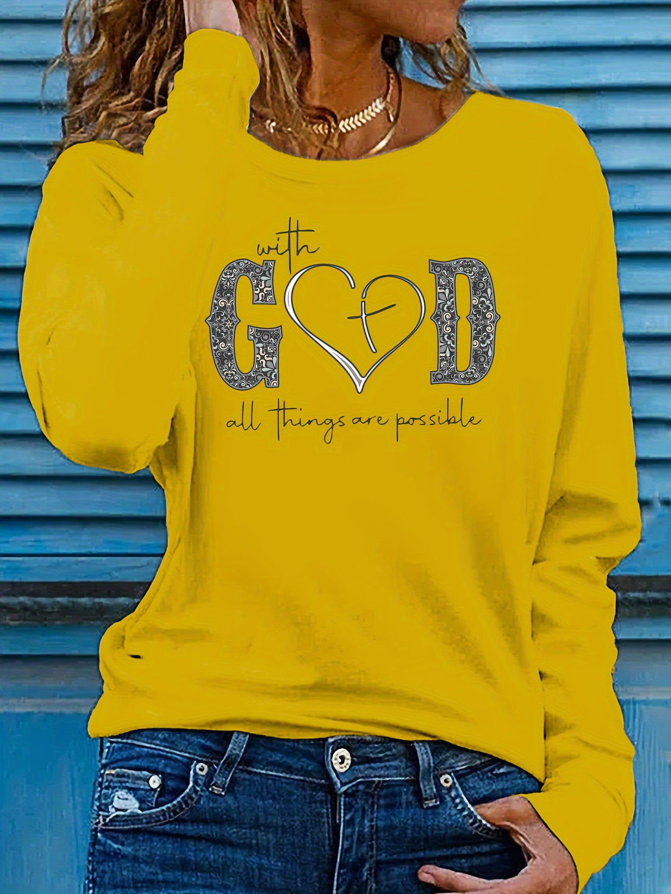 With God Letter Print Casual Crew Neck Long Sleeve Top