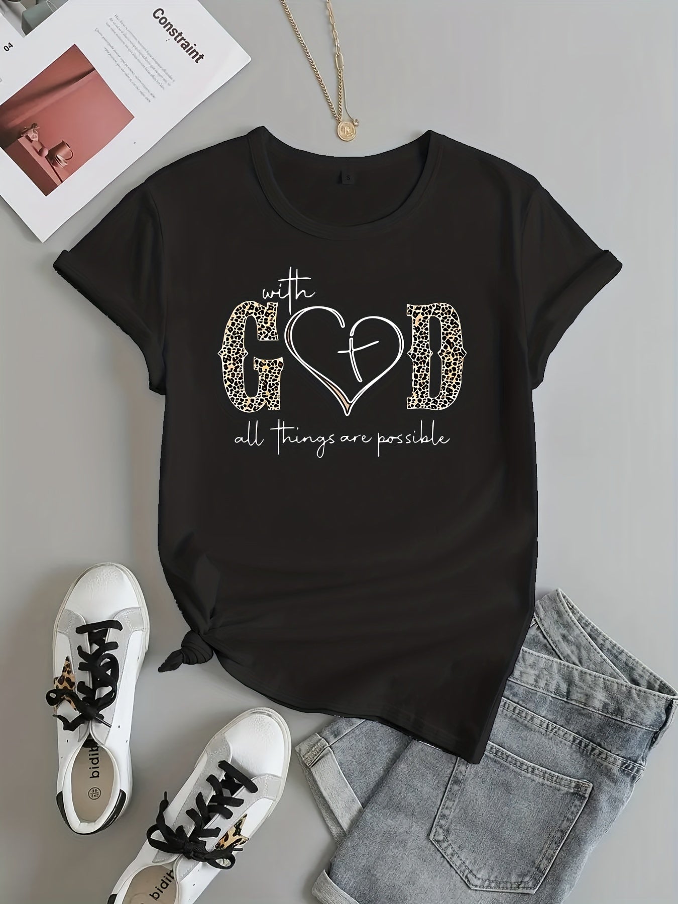 With God Print Summer Short Sleeve Crew Neck Casual Top