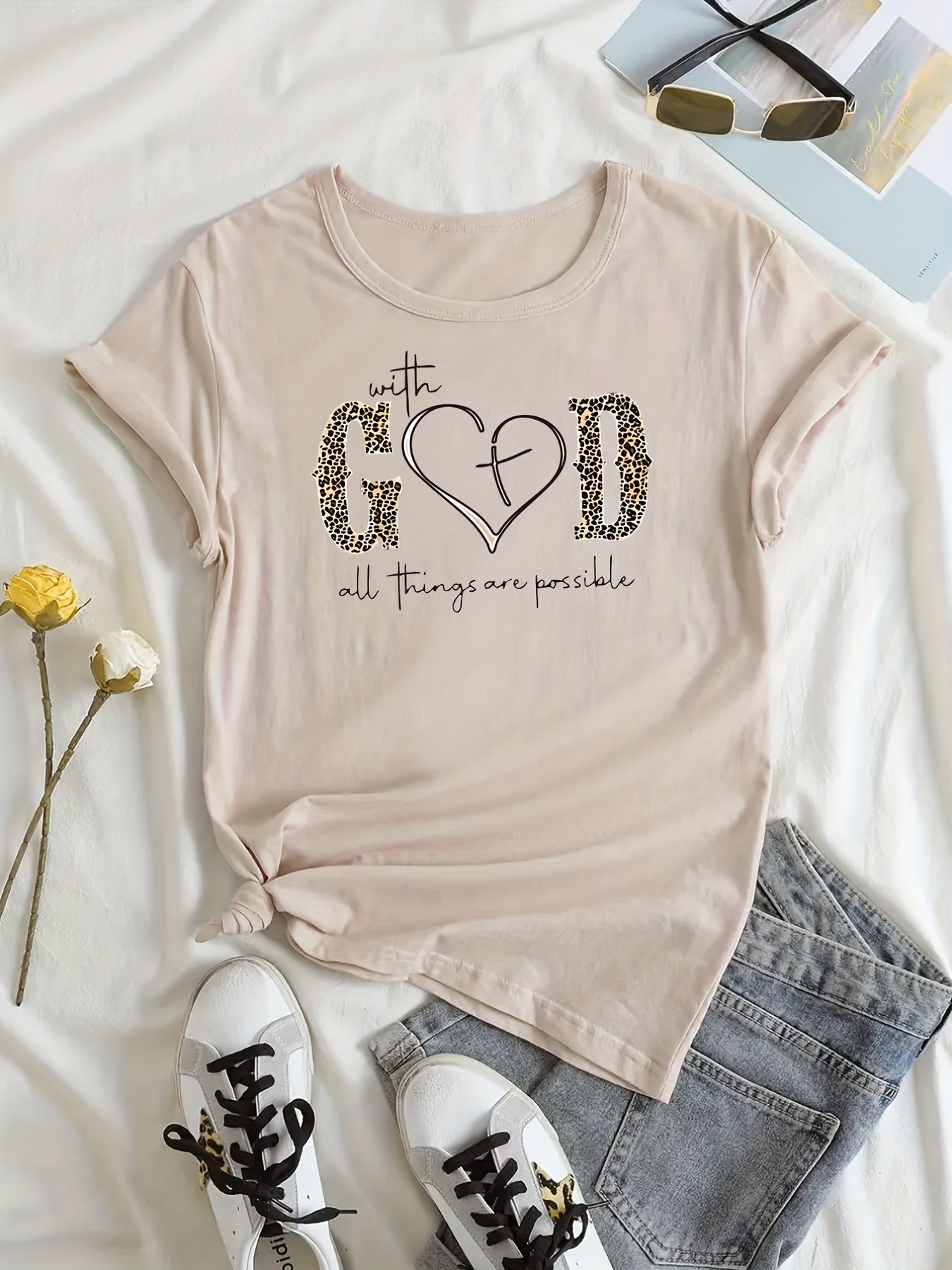 With God Print Summer Short Sleeve Crew Neck Casual Top
