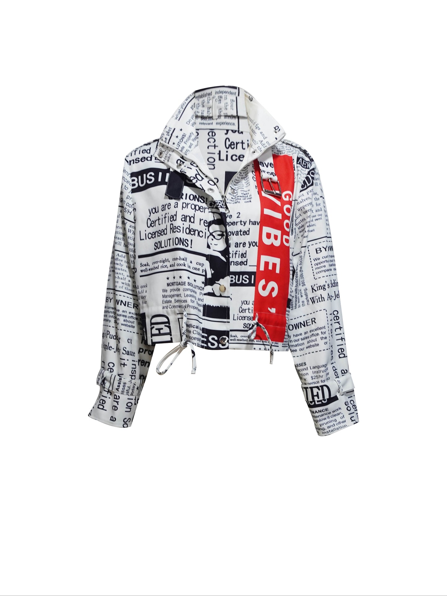 Newspaper Print, Stand Collar Jacket, Casual Button & Zip Front Long Sleeve Outerwear, Women's Clothing