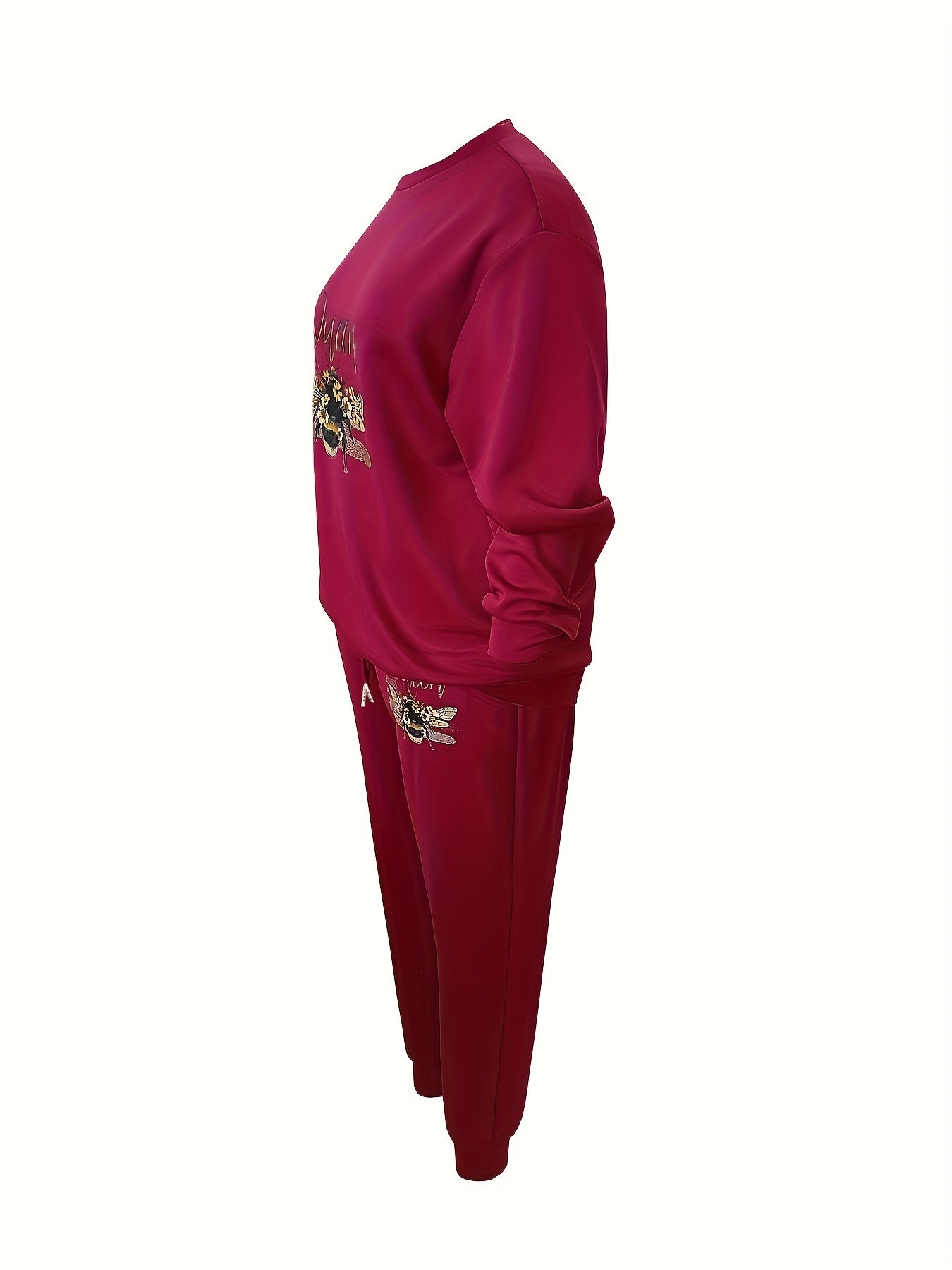 Plus Size Casual Outfits Two Piece Set, Women's Plus Bee & Letter Print, Long Sleeve Round Neck Top & Joggers, Outfits 2 Piece Set