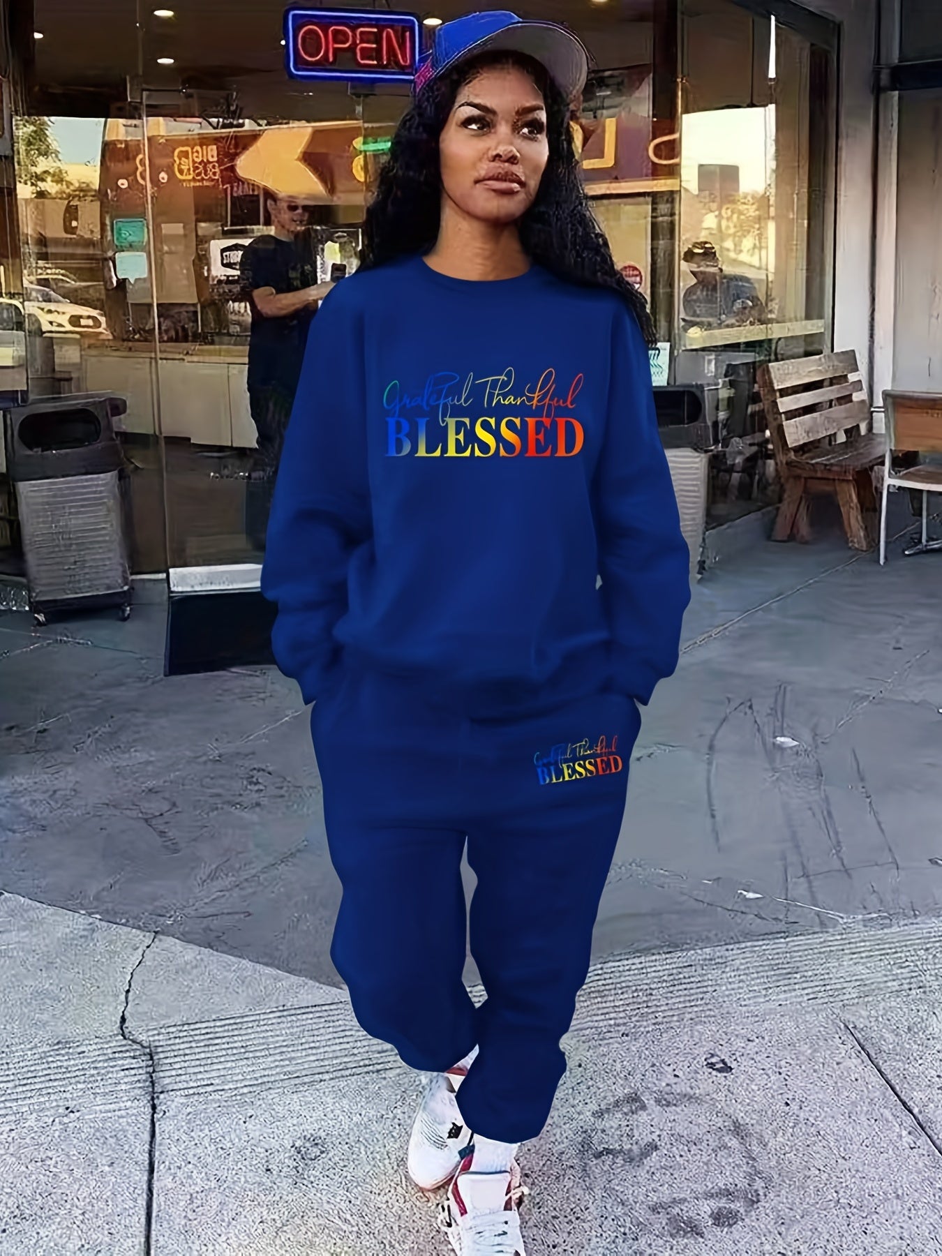 Blessed Letter Print Casual Two-piece Set, Crew Neck Long Sleeve Tops & Drawstring Jogger Pants Outfits, Women's Clothing