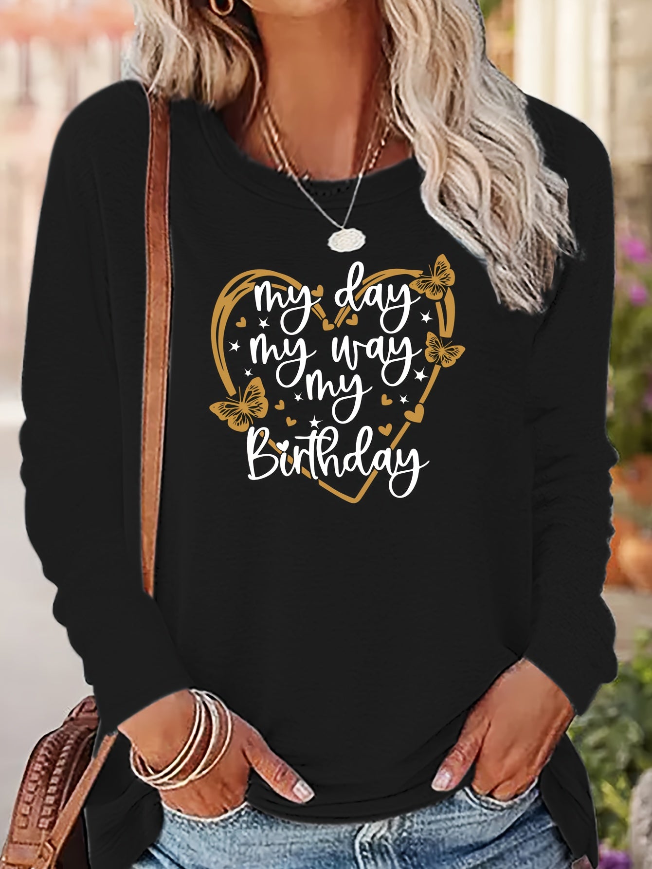 Heart & My Birthday Letter Print T-shirt, Long Sleeve Crew Neck, Casual Top, Women's Clothing
