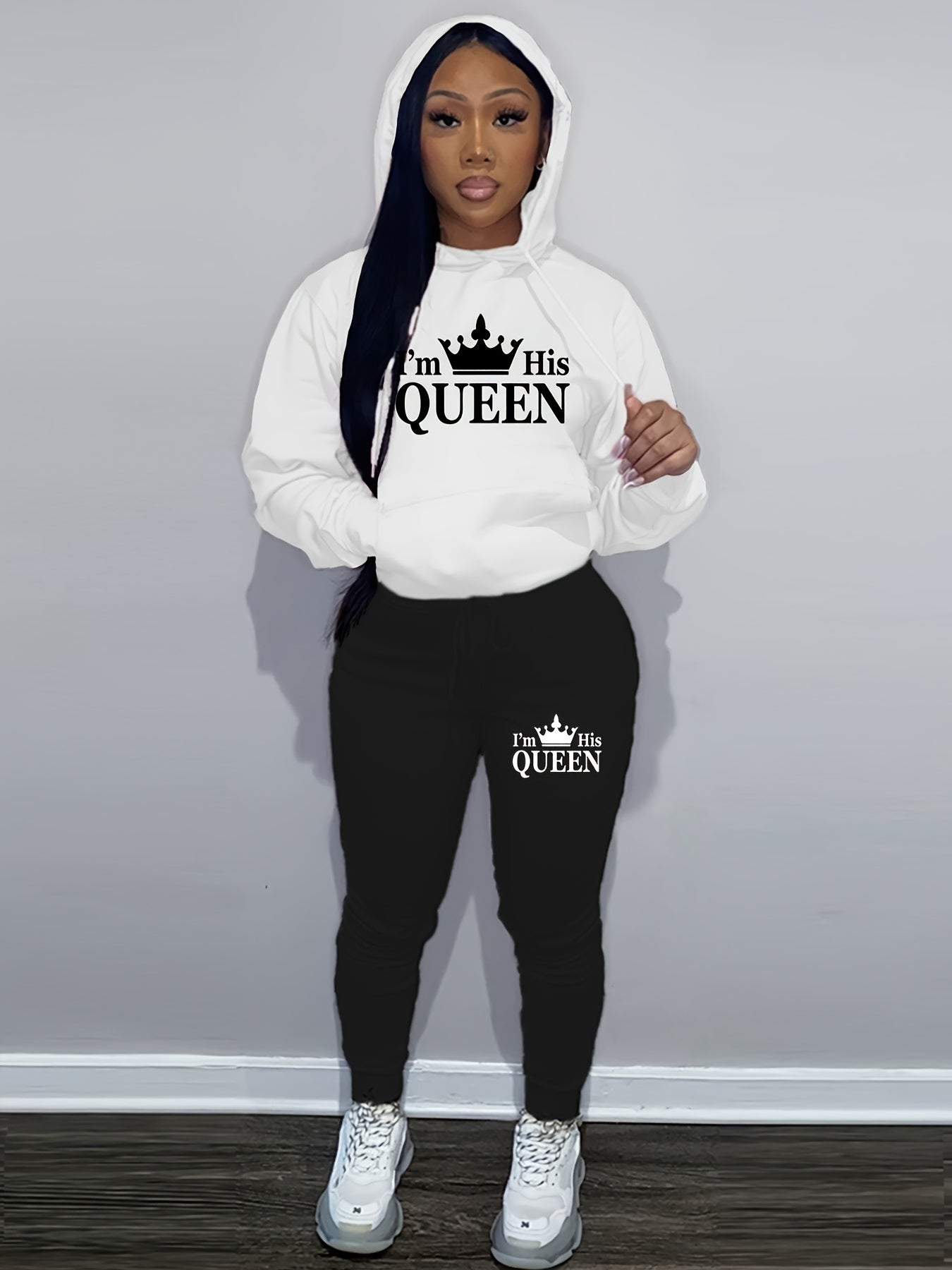 Crown & Letter Print Two-piece Set, Kangaroo Pocket Hoodie & Drawstring Pants Outfits, Women's Clothing