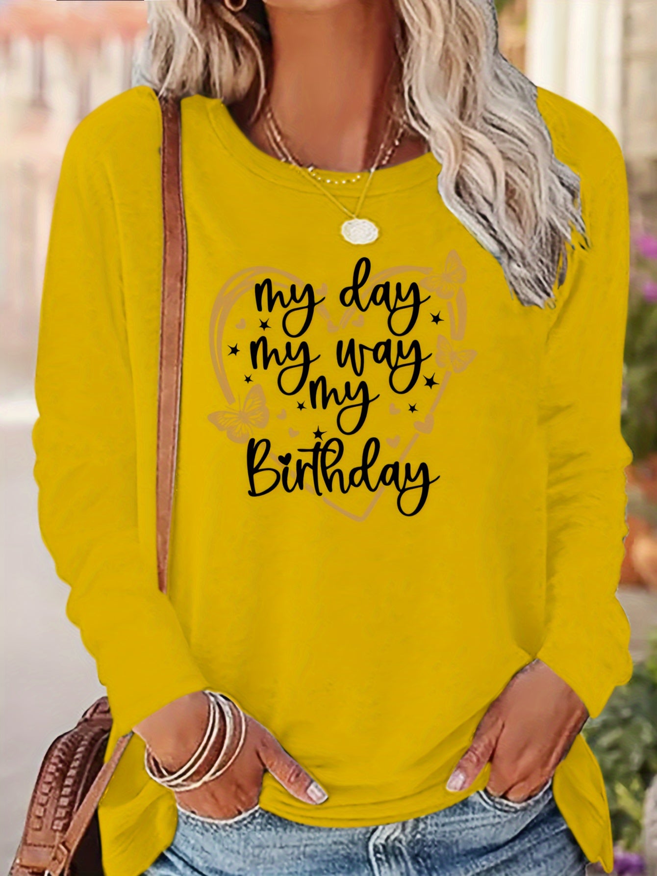 Heart & My Birthday Letter Print T-shirt, Long Sleeve Crew Neck, Casual Top, Women's Clothing