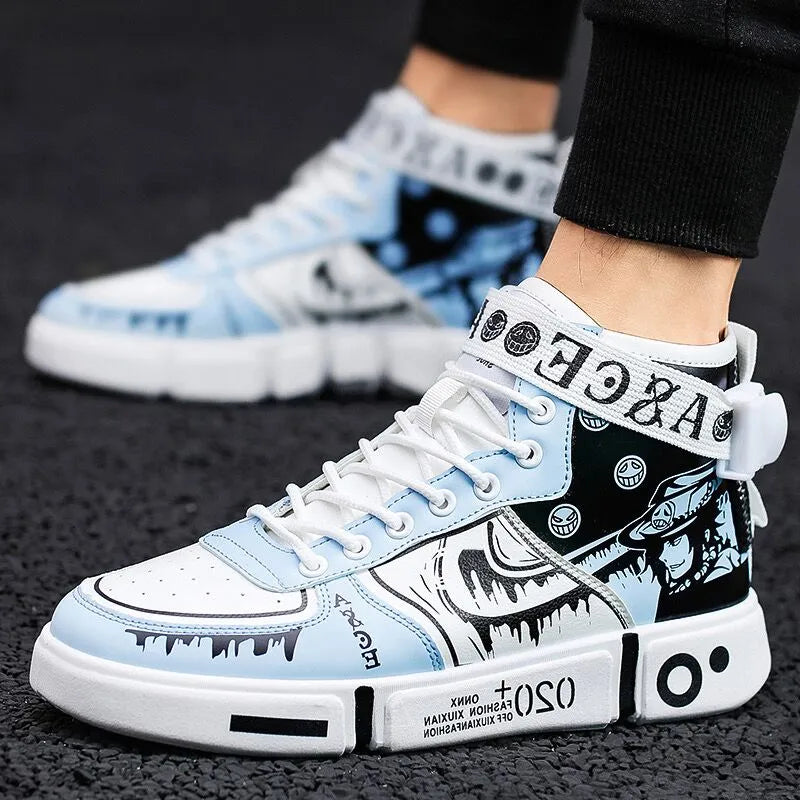 High Quality Men Vulcanized Shoes New High Top Casual Shoes Teenagers Autumn Leather Sneakers Anime Shoes Plus Size Male Flat