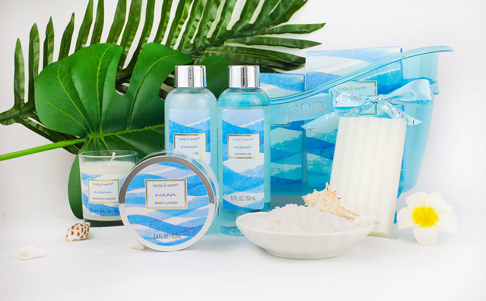 7 Pcs Ocean Scent Body & Earth Spa Gift Baskets for Women