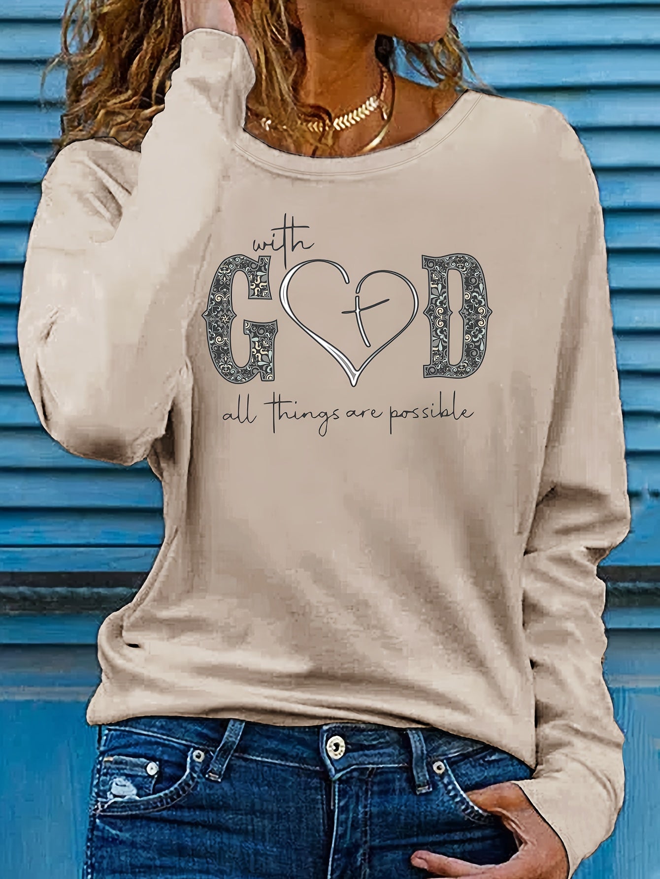 With God Letter Print Casual Crew Neck Long Sleeve Top