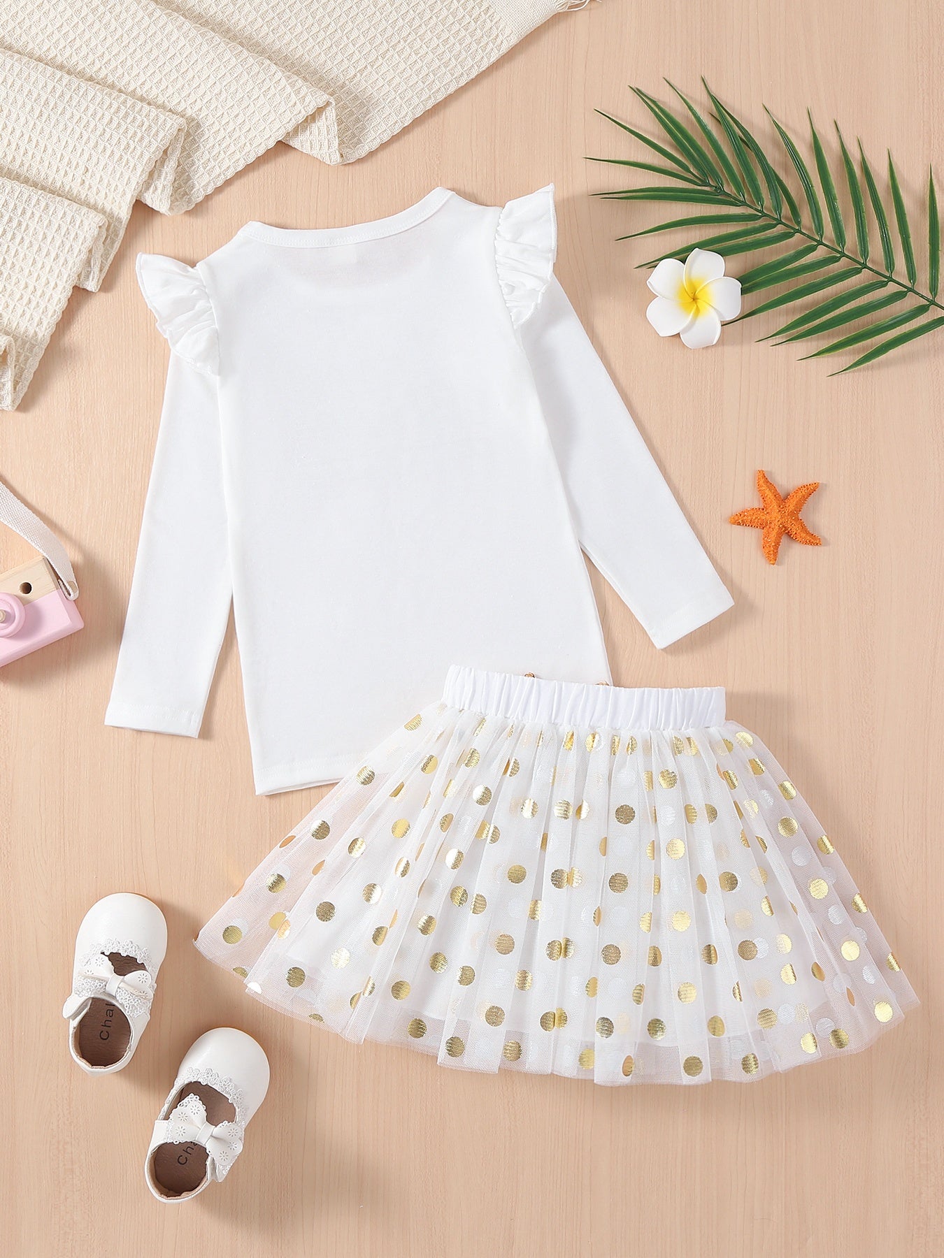 Girls 2pcs Birthday Princess, Print Flutter Trim Top & Sequin Tutu Skirt Glitter Bow Set, Kids Clothes