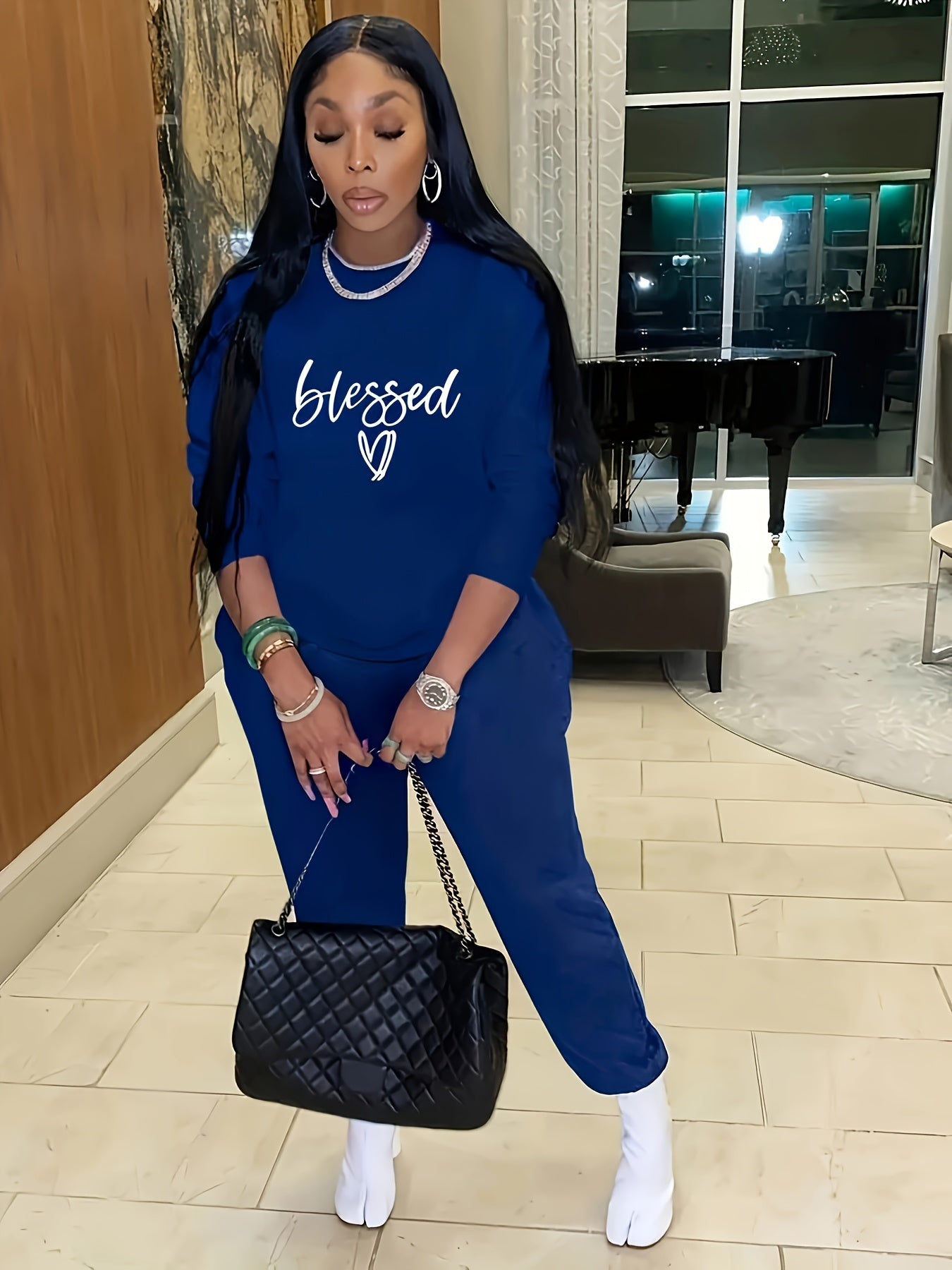 Size 14 - 22 Casual Outfits Set, Women's Plus Letter & Heart Print, Long Sleeve Round Neck Sweatshirt & Joggers, Outfits 2 Piece Set