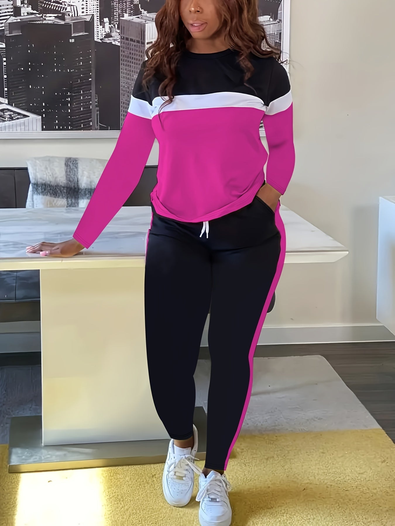 Plus Size Casual Outfits Two Piece Set, Women's Plus Colorblock Stripe Print, Long Sleeve Round Neck Top & Drawstring Pants, Outfits 2 Piece Set