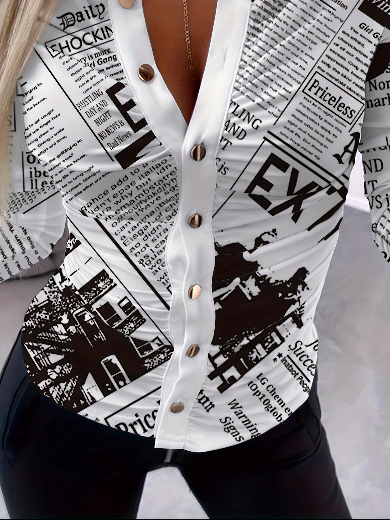 Newspaper Print Ruched Tee, Casual Button Front Long Sleeve T-shirt, Women's Clothing