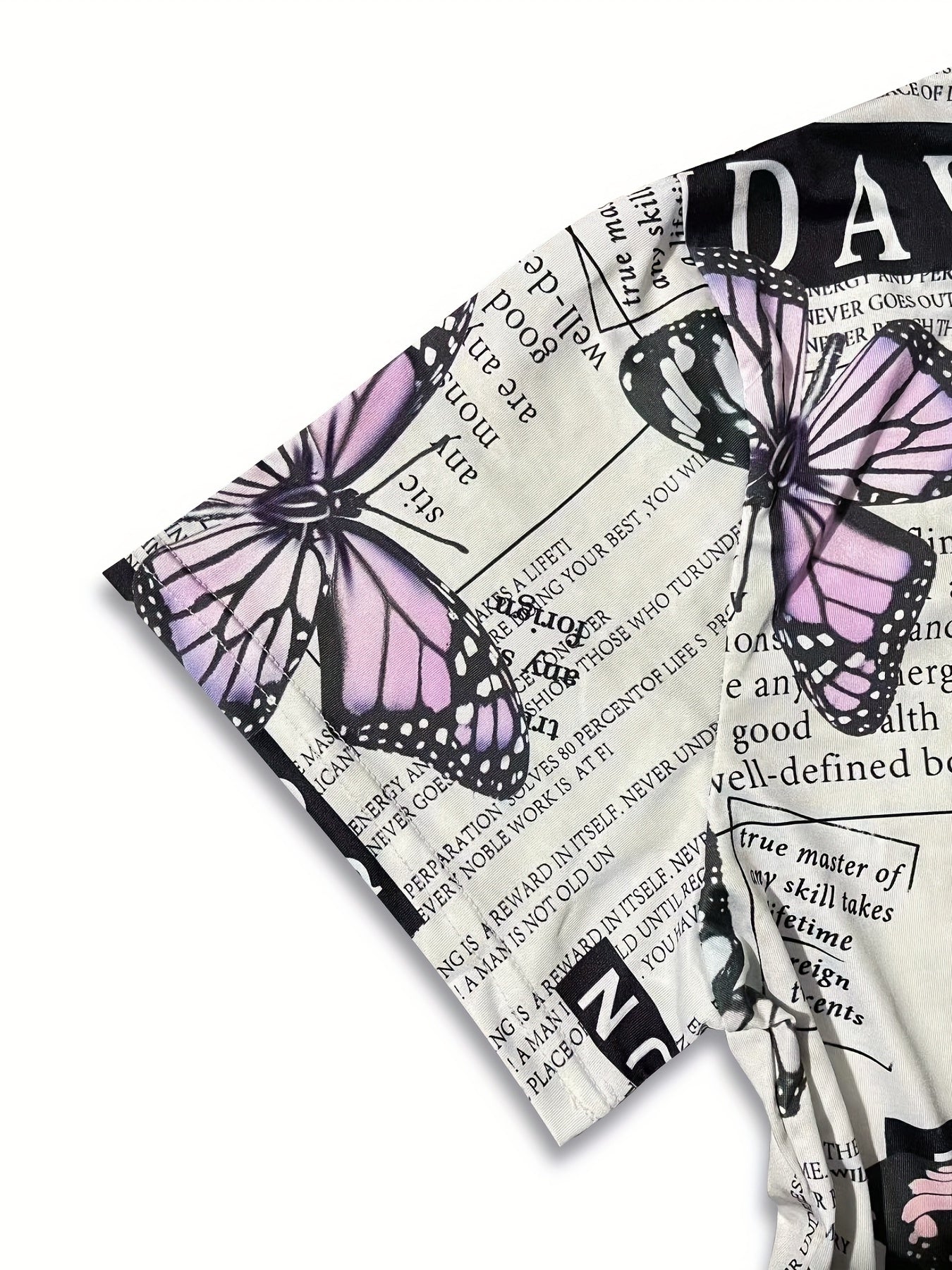 Butterfly & Newspaper Pattern T-Shirt, Casual Crew Neck Short Sleeve T-Shirt For Spring & Summer, Women's Clothing