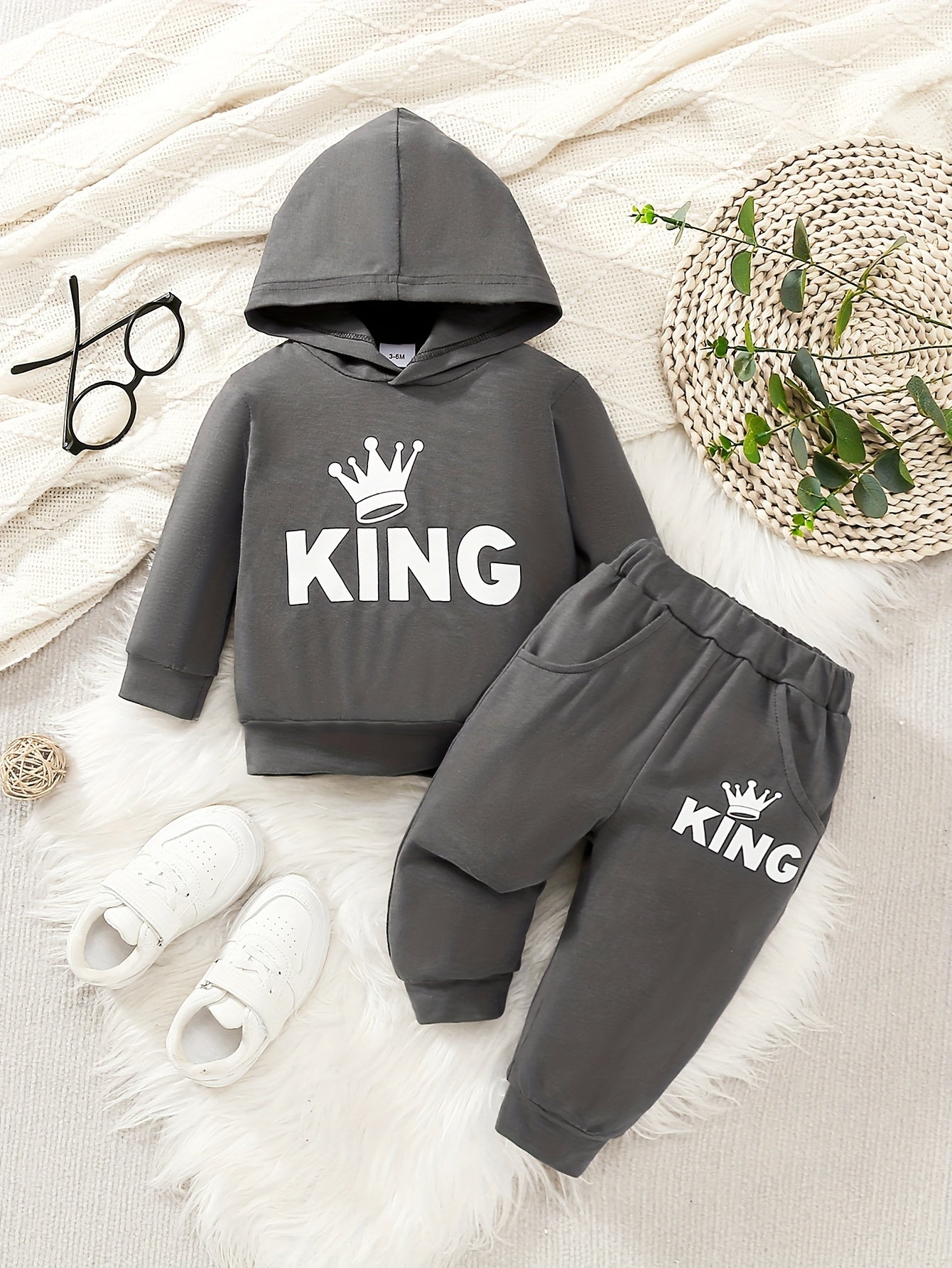Baby Boy's Casual Fashion Outfit Hooded KING Print  Long Sleeve Sweatshirt + Pants Set