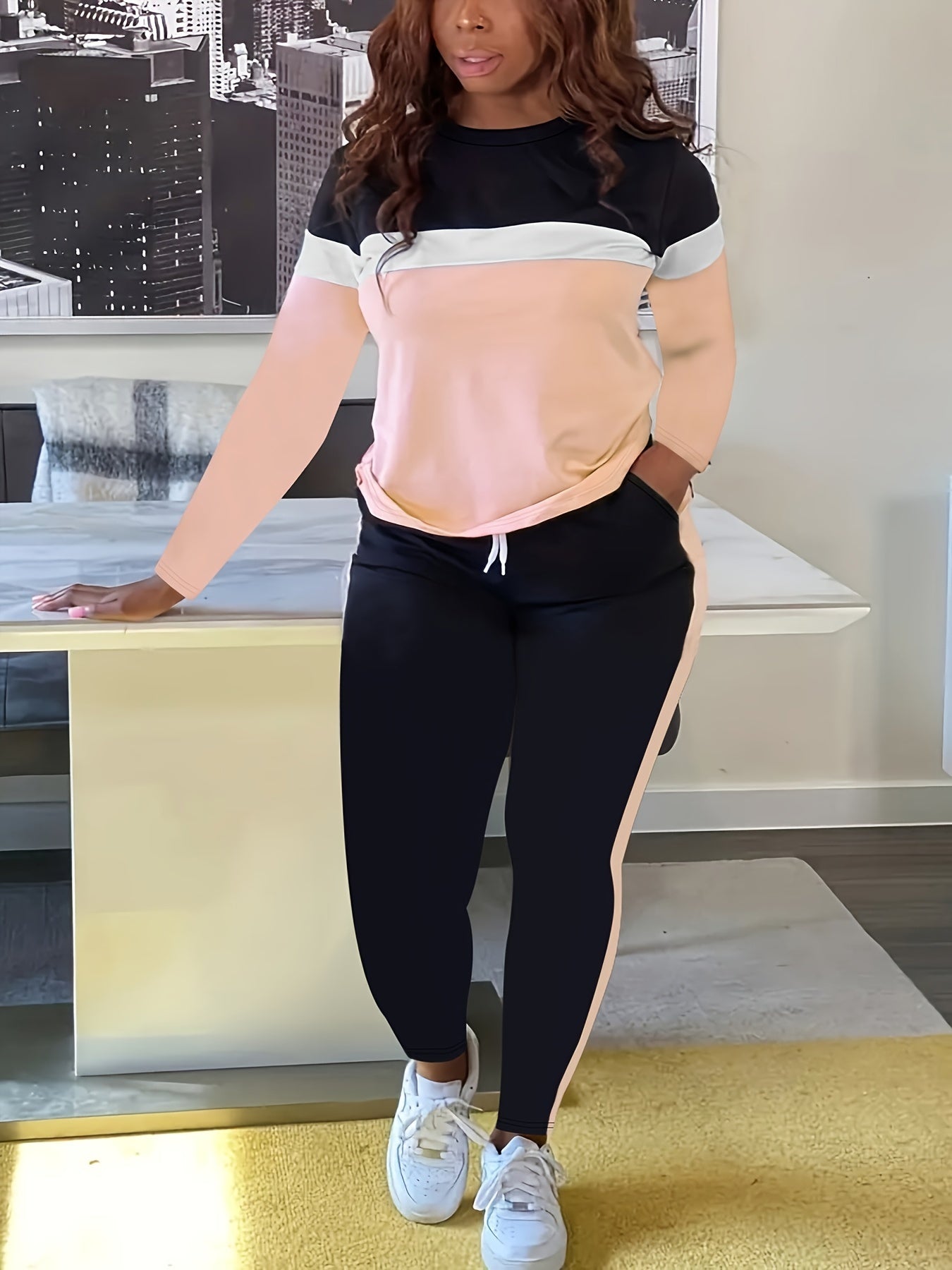 Plus Size Casual Outfits Two Piece Set, Women's Plus Colorblock Stripe Print, Long Sleeve Round Neck Top & Drawstring Pants, Outfits 2 Piece Set