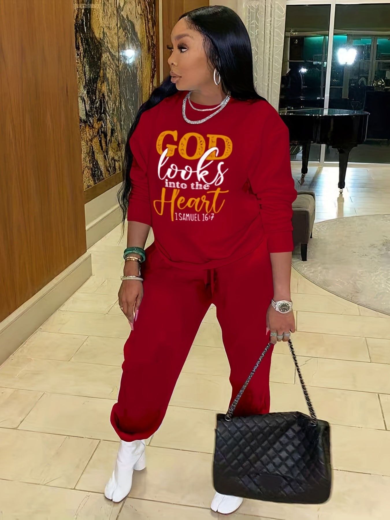 Casual Workout Two-piece Set, God Letter Print, Long Sleeve Tops & Long Length Solid Jogger Pants Outfits, Women's Clothing