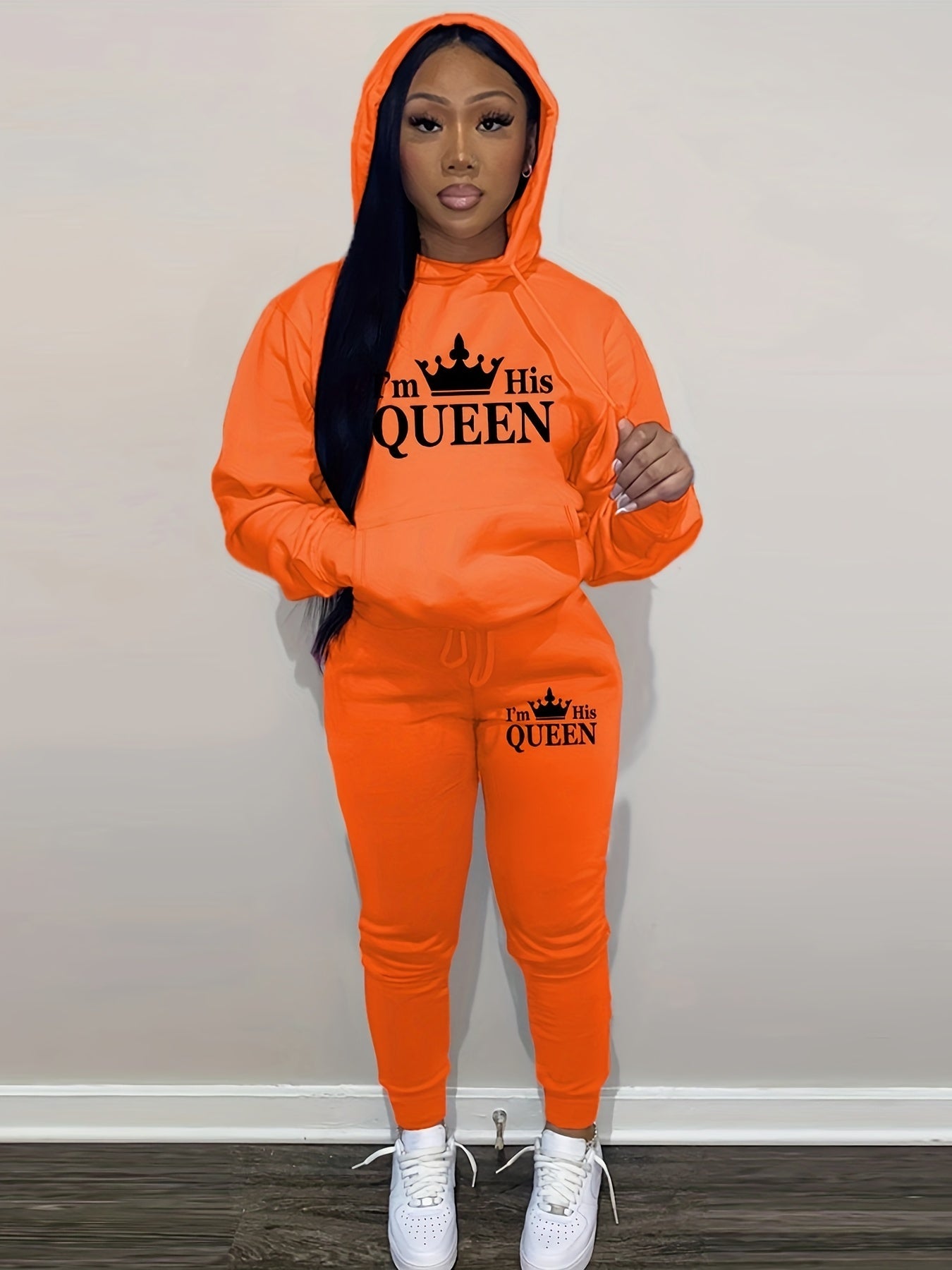 Crown & Letter Print Two-piece Set, Kangaroo Pocket Hoodie & Drawstring Pants Outfits, Women's Clothing