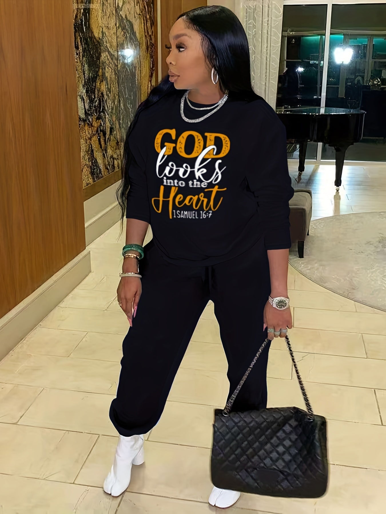 Casual Workout Two-piece Set, God Letter Print, Long Sleeve Tops & Long Length Solid Jogger Pants Outfits, Women's Clothing