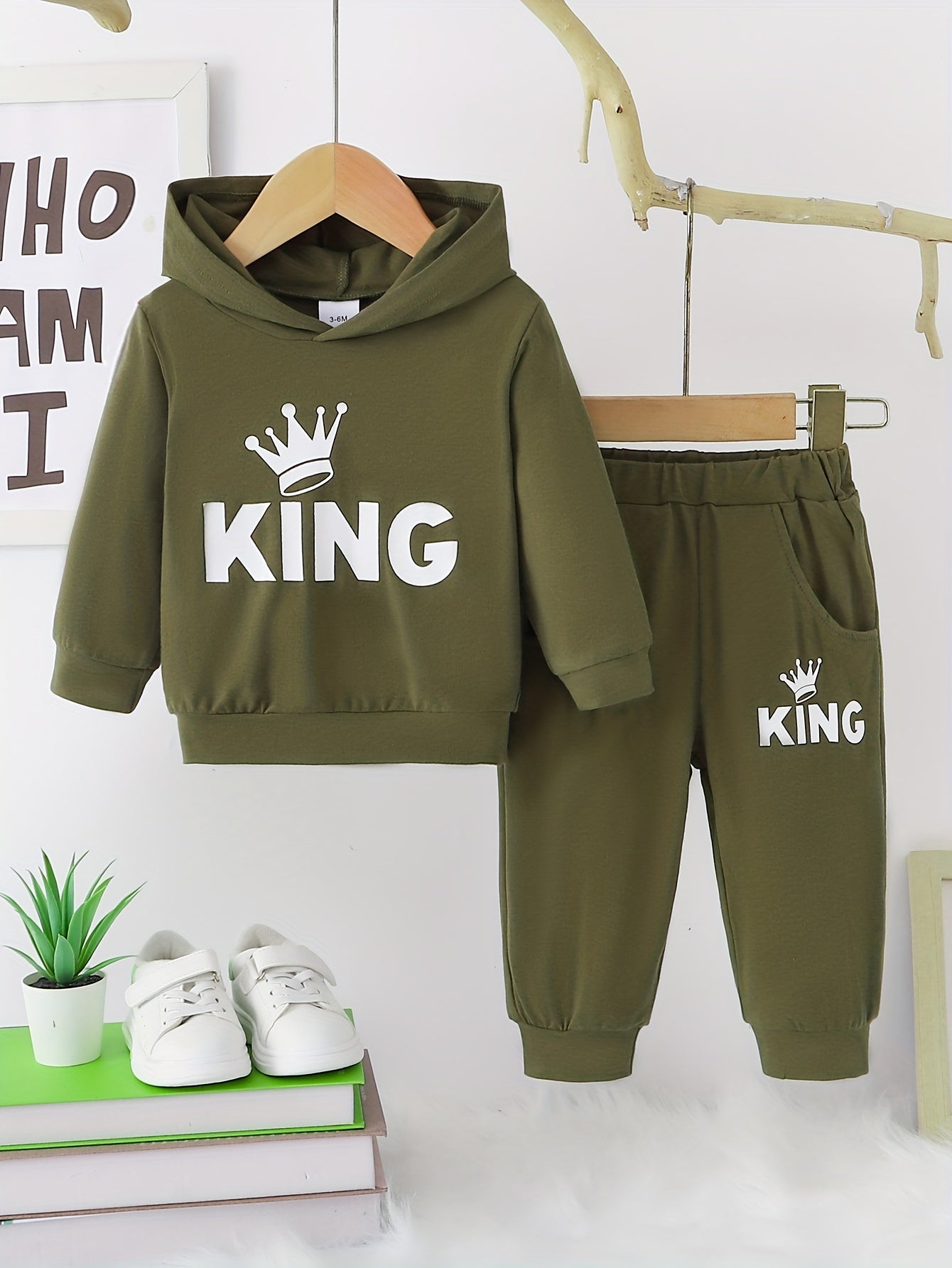 Baby Boy's Casual Fashion Outfit Hooded KING Print  Long Sleeve Sweatshirt + Pants Set