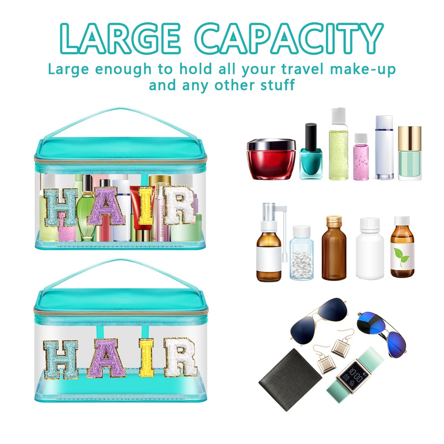 Chenille Letter Clear Makeup Bags Hair Pouch, Preppy Patch Makeup Bag Zipper With Handle, Transparent PVC & Nylon Waterproof Glitter Cosmetic Handbag Travel Toiletry Storage Bag Valentine's Day Birthday Gift For Girls Women (HAIR-Green)