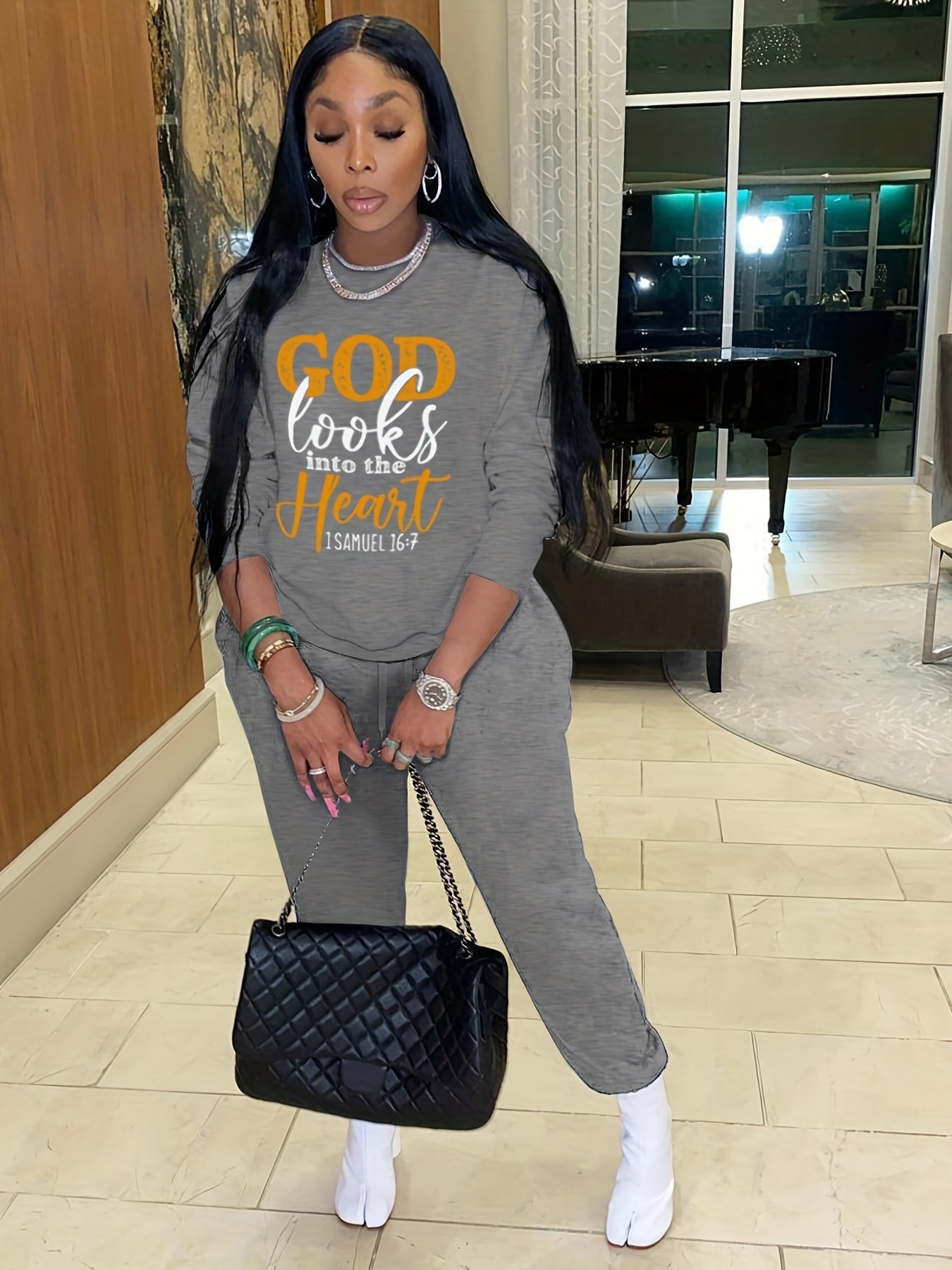 Casual Workout Two-piece Set, God Letter Print, Long Sleeve Tops & Long Length Solid Jogger Pants Outfits, Women's Clothing