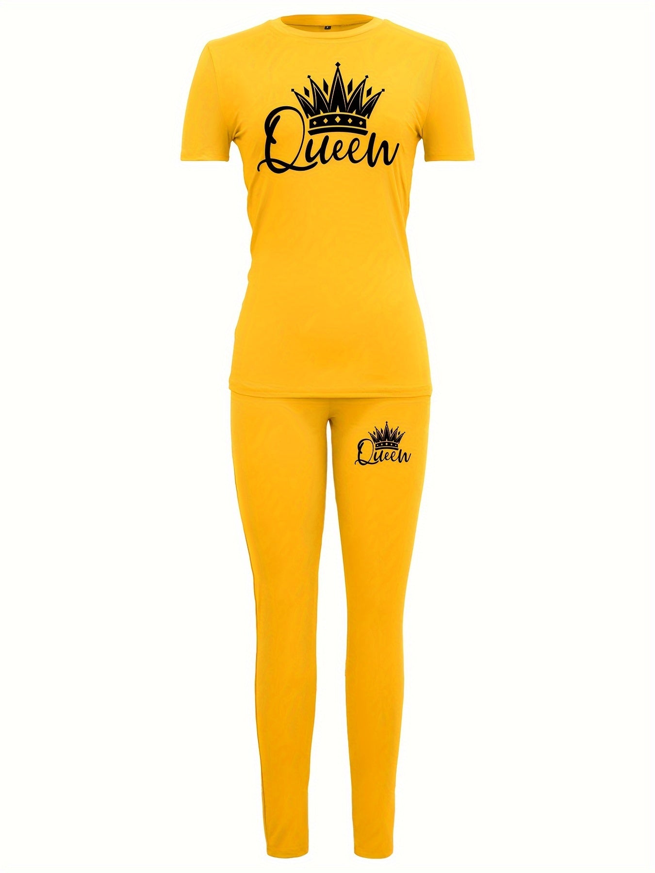 Crown & Letter Print Two-piece Set, Crew Neck Short Sleeve Top & Skinny Pants Outfits, Women's Clothing
