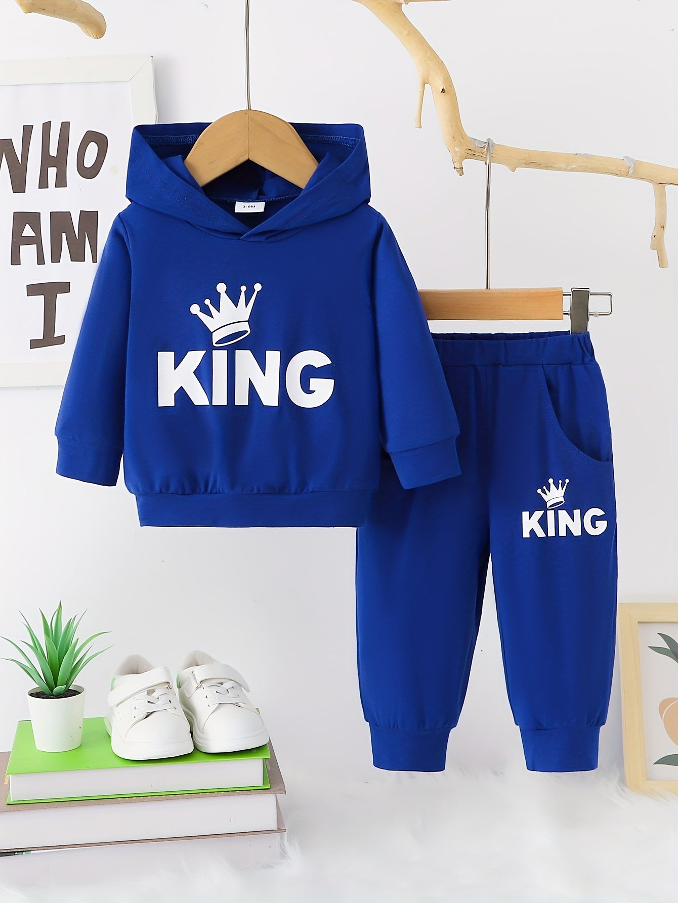 Baby Boy's Casual Fashion Outfit Hooded KING Print  Long Sleeve Sweatshirt + Pants Set