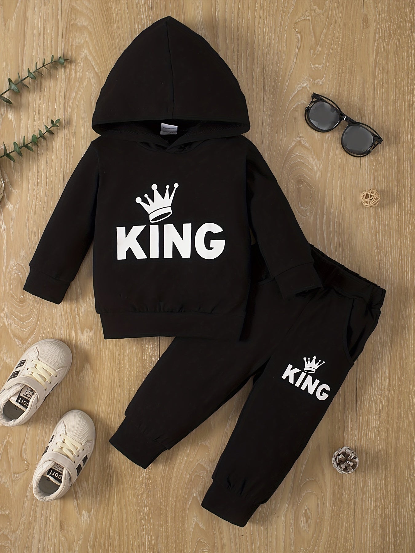 Baby Boy's Casual Fashion Outfit Hooded KING Print  Long Sleeve Sweatshirt + Pants Set