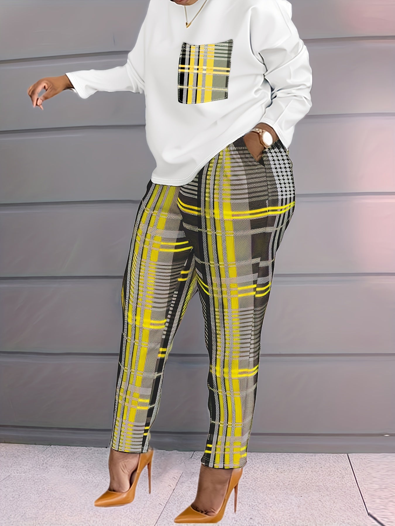 Plus Size Casual Outfits Set, Women's Plus Plaid Print, Long Sleeve Round Neck Top & Pocketed Pants, Outfits Two Piece Set