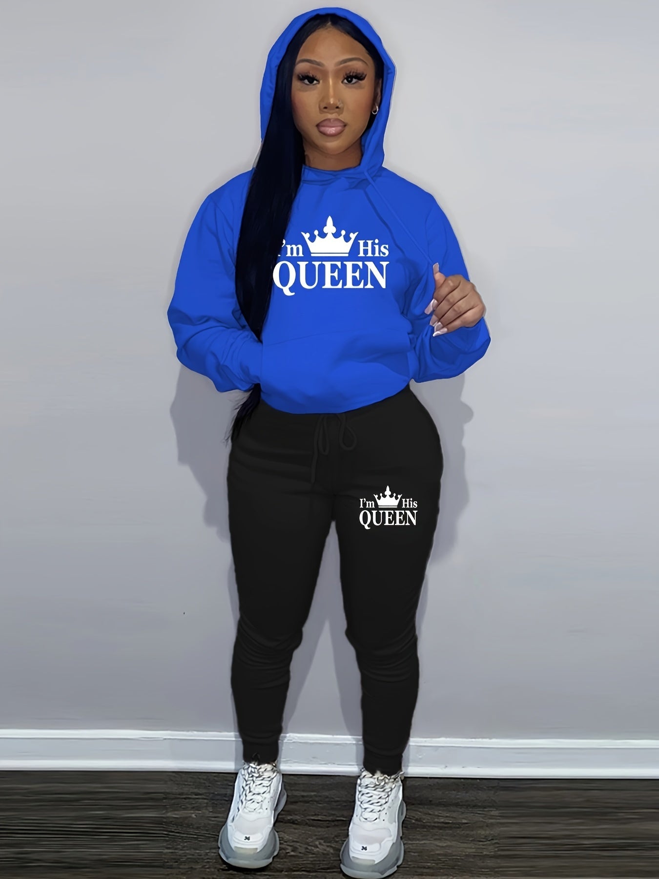 Crown & Letter Print Two-piece Set, Kangaroo Pocket Hoodie & Drawstring Pants Outfits, Women's Clothing