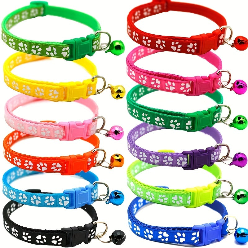 Adjustable Pet Collar With Bell - Stylish Paw Print Design For Dogs And Cats - Durable Buckle And Neck Strap - Ideal For Pet Safety And Comfort
