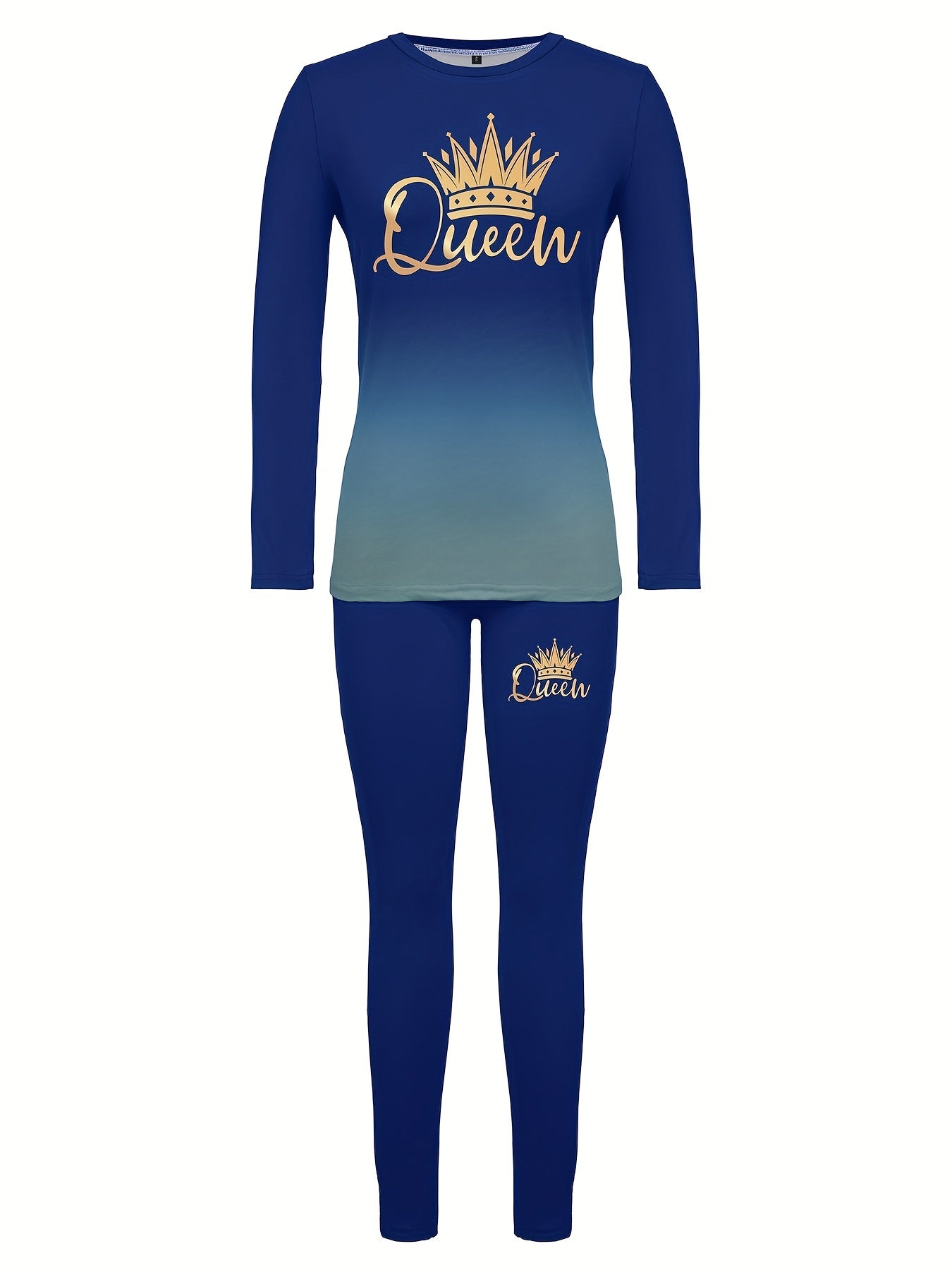 Queen Letter Print Two-piece Set, Crew Neck Long Sleeve Tops & Slim Pants Outfits, Women's Clothing