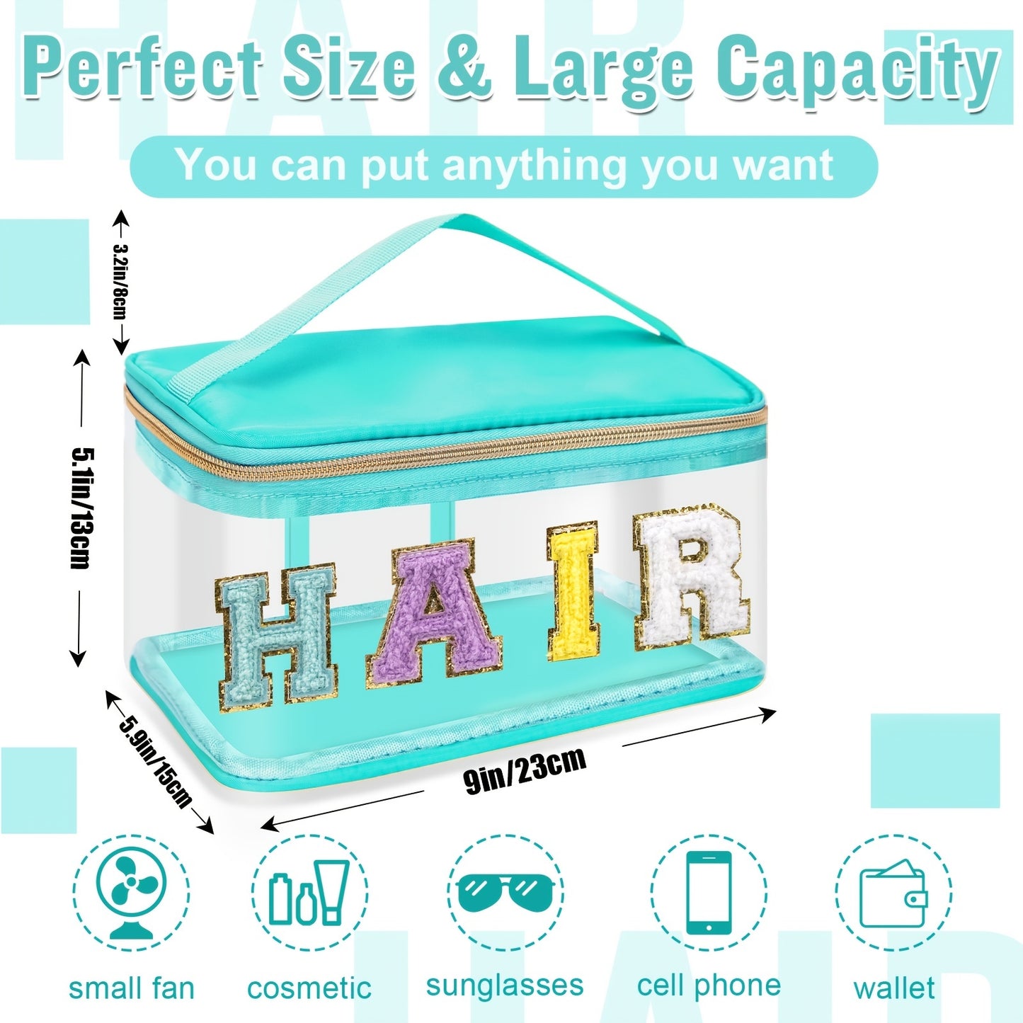 Chenille Letter Clear Makeup Bags Hair Pouch, Preppy Patch Makeup Bag Zipper With Handle, Transparent PVC & Nylon Waterproof Glitter Cosmetic Handbag Travel Toiletry Storage Bag Valentine's Day Birthday Gift For Girls Women (HAIR-Green)