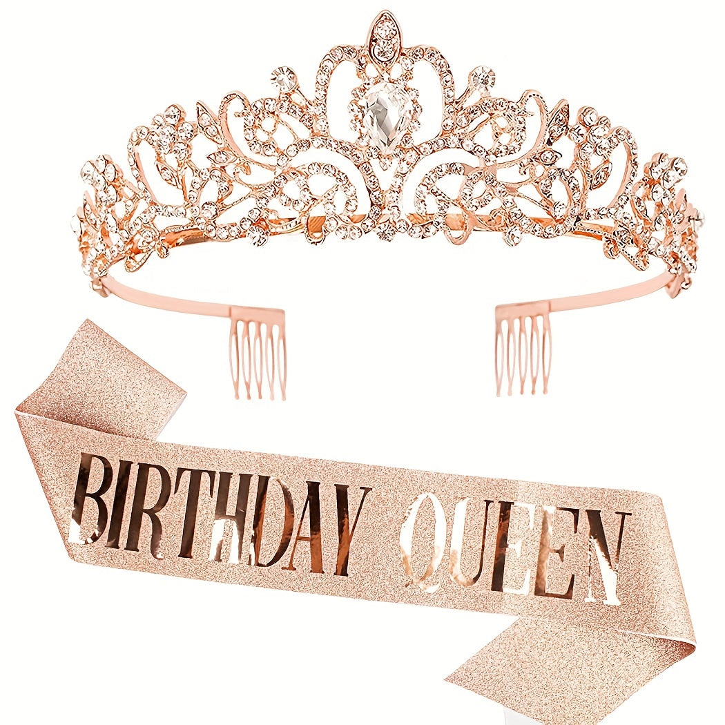 Birthday Party Dress Up Set, Including Birthday Crown And Sash For Girls, Birthday Decorations Set, Rhinestone Headband Hair Accessories Glitter Sash