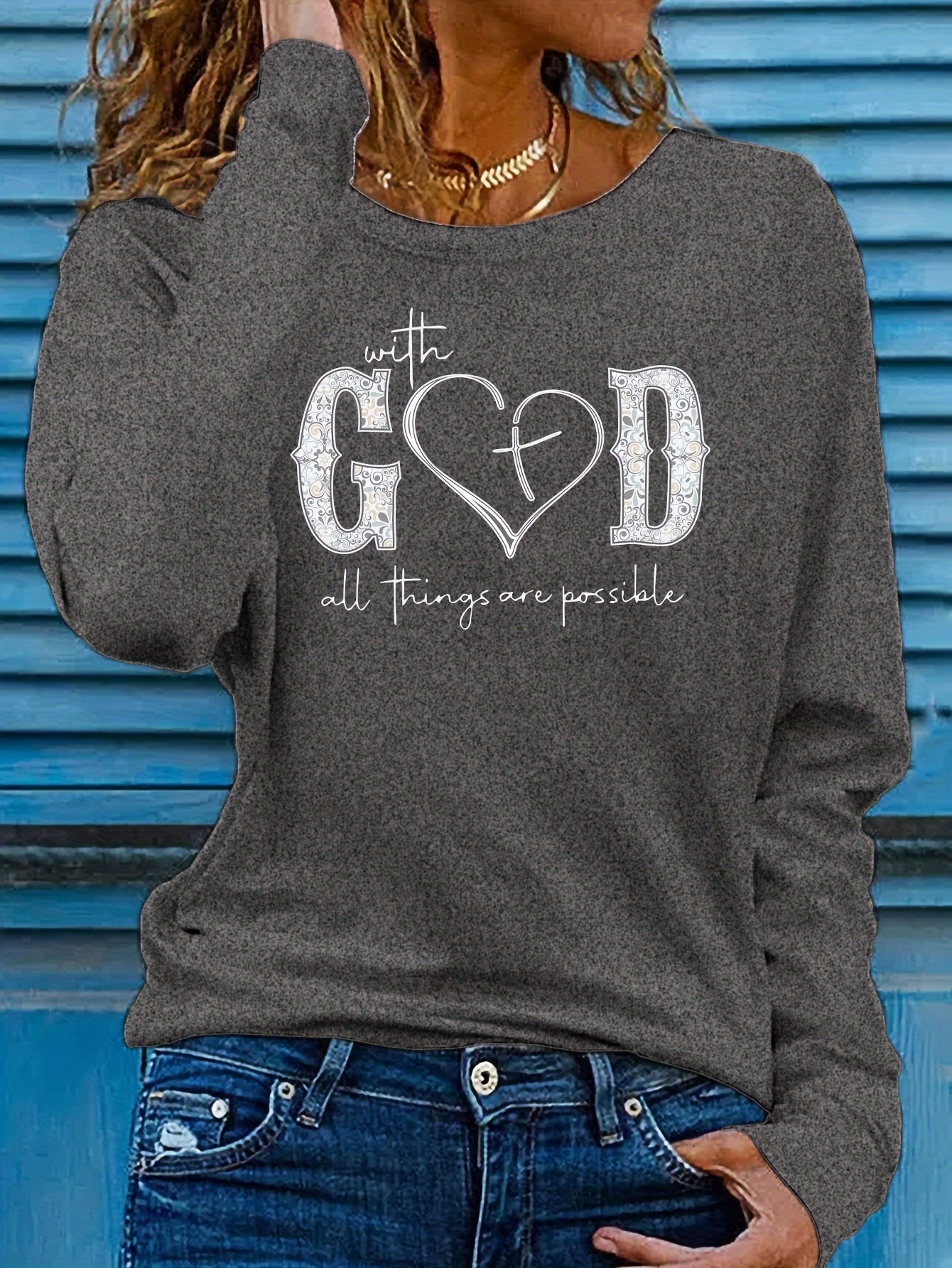 With God Letter Print Casual Crew Neck Long Sleeve Top