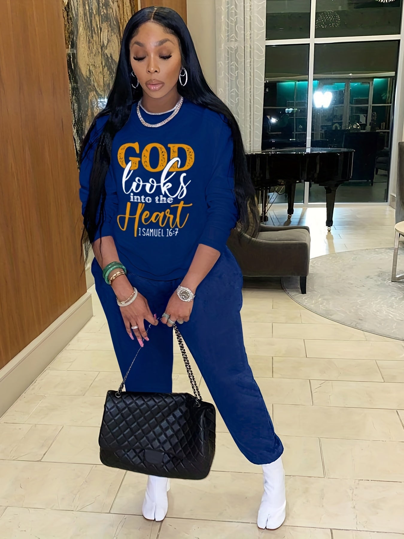 Casual Workout Two-piece Set, God Letter Print, Long Sleeve Tops & Long Length Solid Jogger Pants Outfits, Women's Clothing