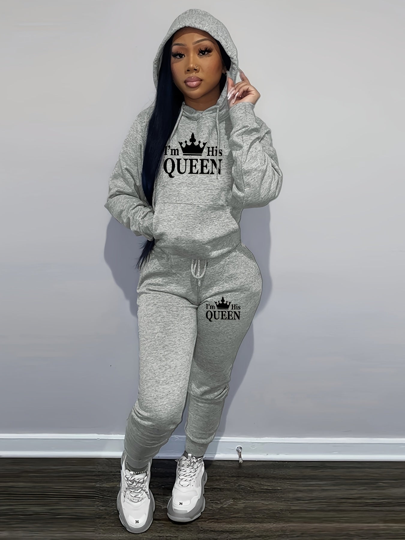 Crown & Letter Print Two-piece Set, Kangaroo Pocket Hoodie & Drawstring Pants Outfits, Women's Clothing