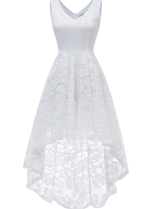 Solid Lace Asymmetrical Hem Dress, Elegant Sleeveless Aline Tank Dress For Wedding Party, Women's Clothing