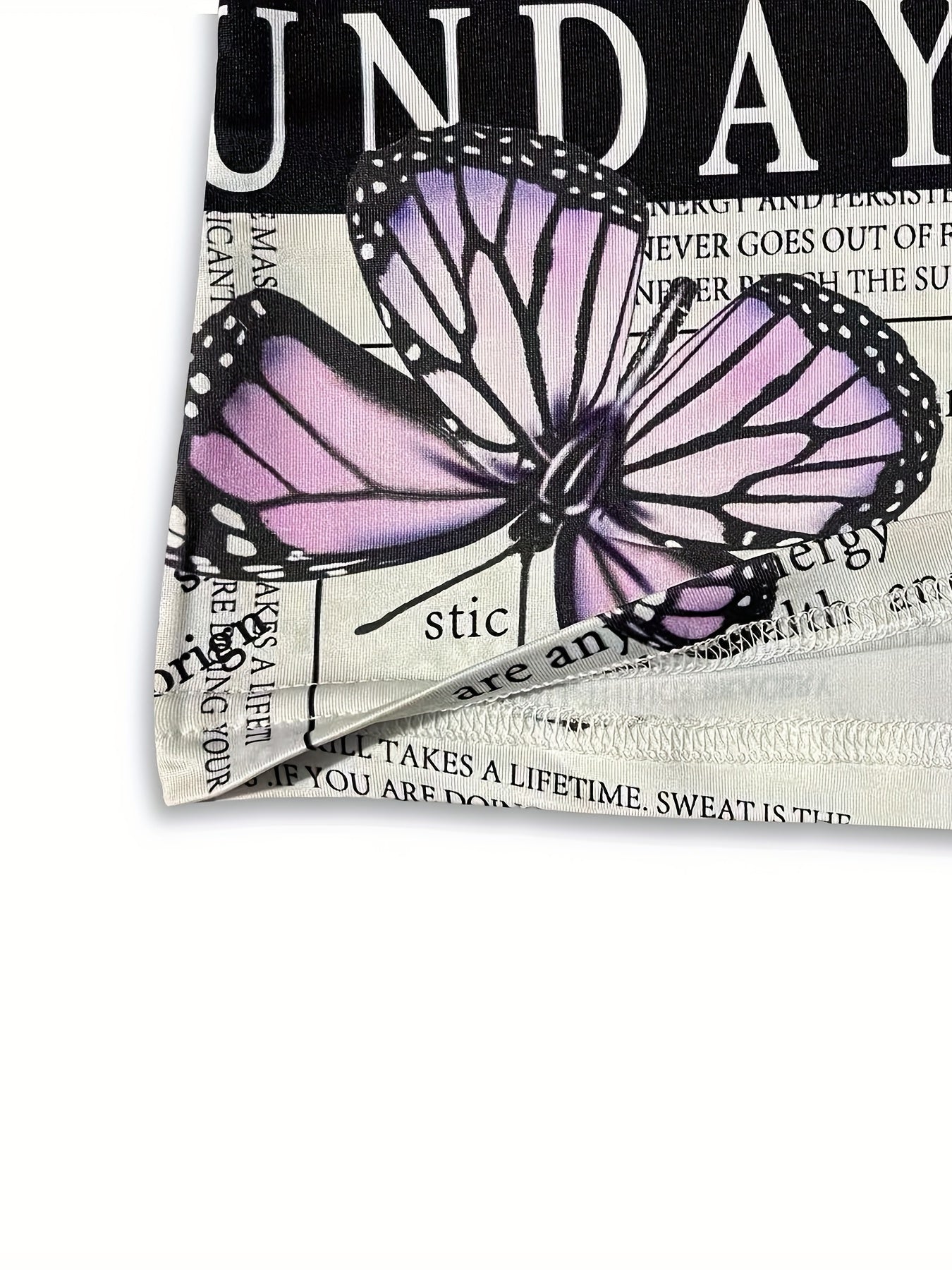 Butterfly & Newspaper Pattern T-Shirt, Casual Crew Neck Short Sleeve T-Shirt For Spring & Summer, Women's Clothing