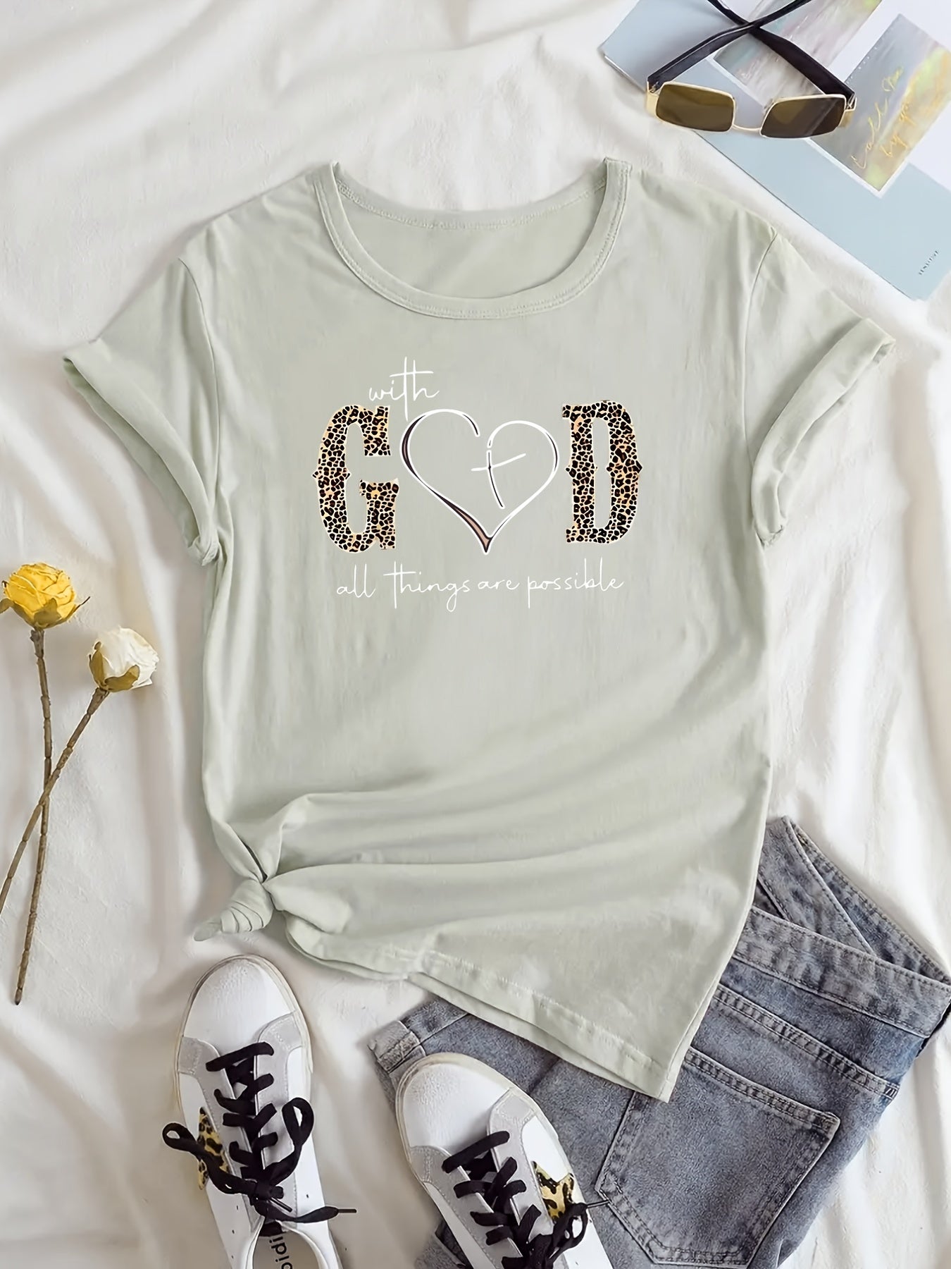 With God Print Summer Short Sleeve Crew Neck Casual Top