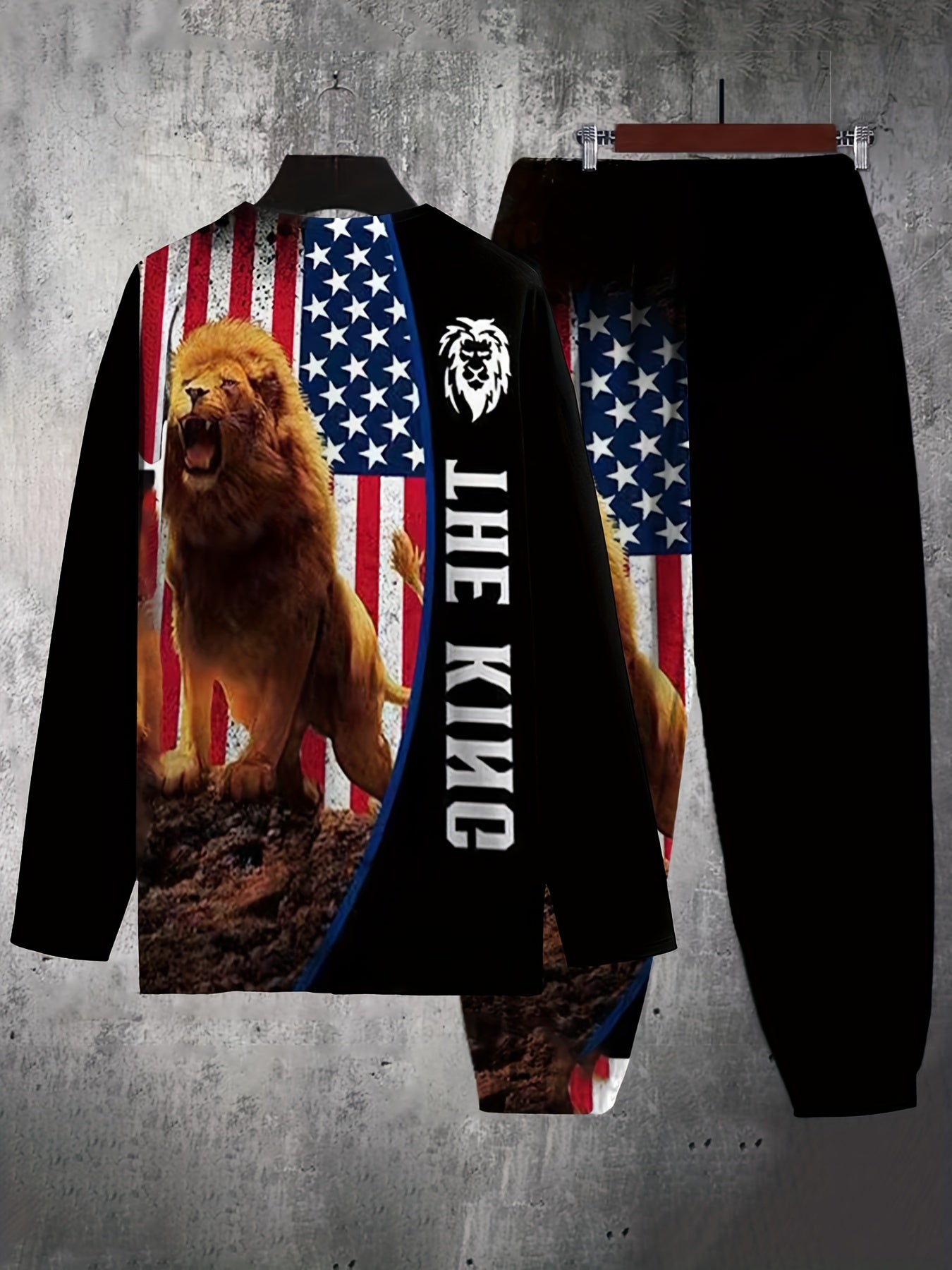 KING Crown Print, Men's Color Block 2pcs, Casual Loose Comfy Sweatshirt And Drawstring Waist Sweatpants Set